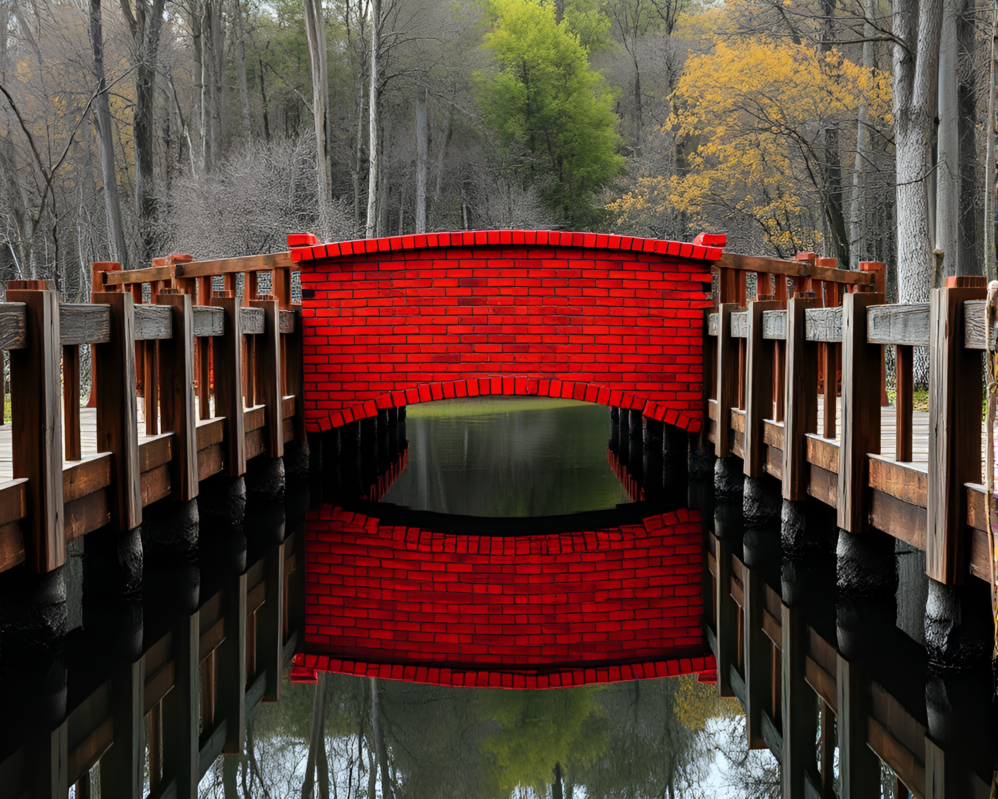 Rustic Wooden Bridge Reflection in Brick Red Depths – free AI stock image