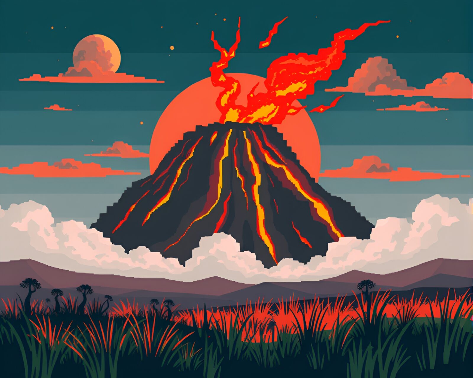 Cartoon-like savannah landscape with glowing red volcano in background