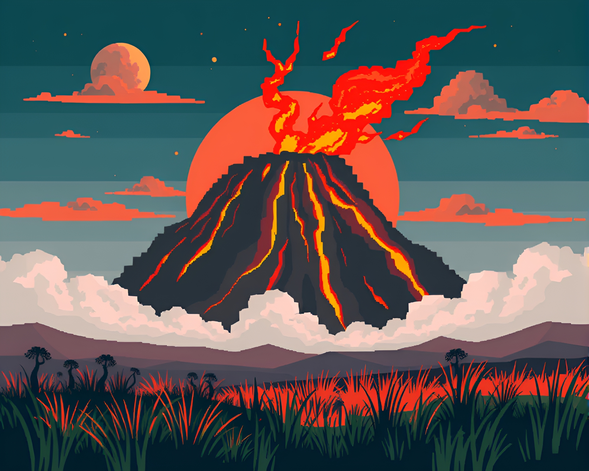 Volcanic Glow over Pixelated Savannah Grasses – free AI stock image