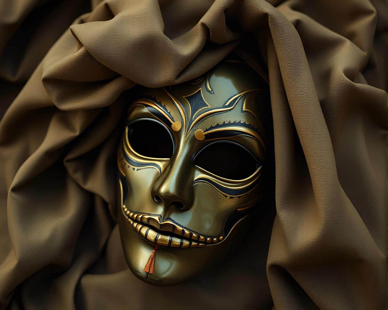 Venetian mask hovering in ethereal olive drab light