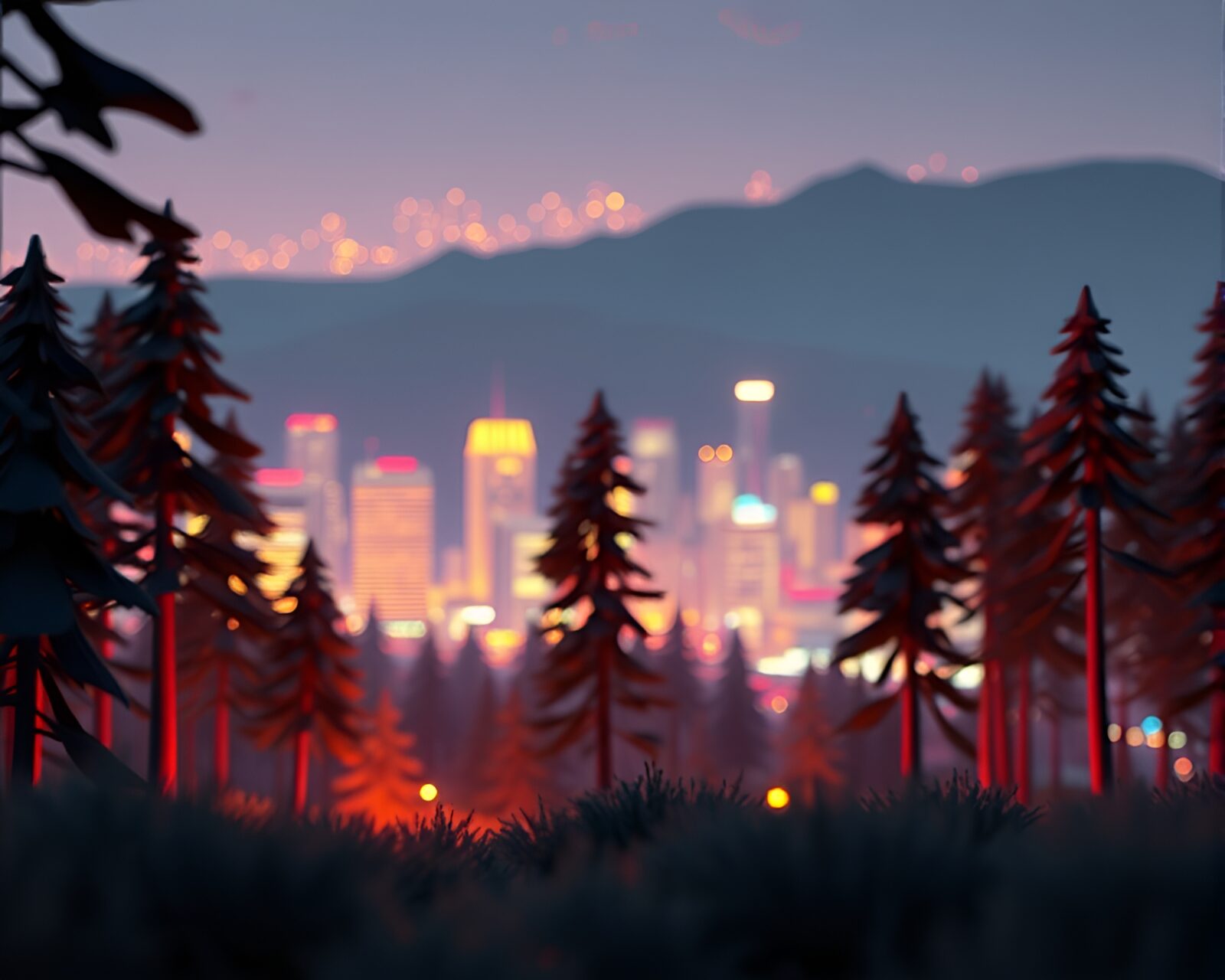 Neon city lights shining through mystical forest trees.