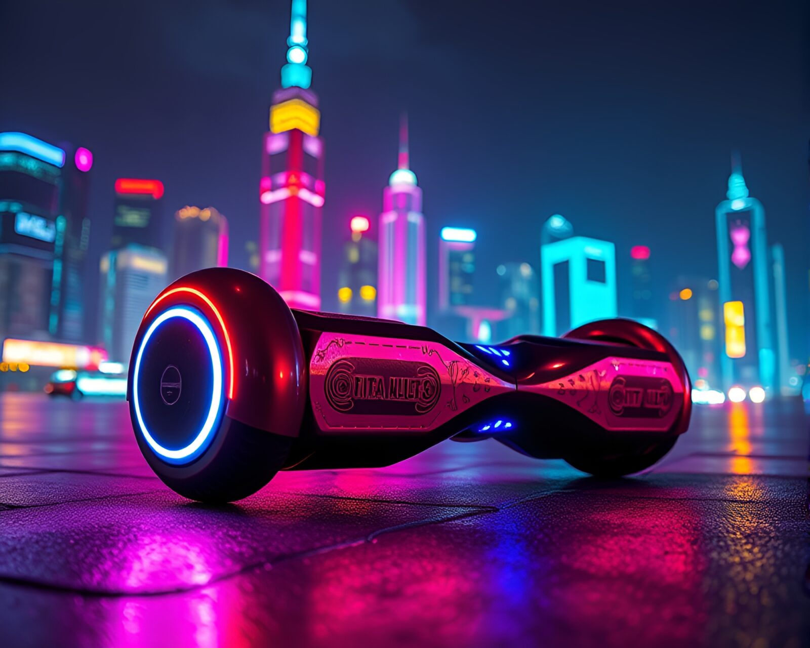 Futuristic hoverboard flying amidst glowing neon city buildings at night