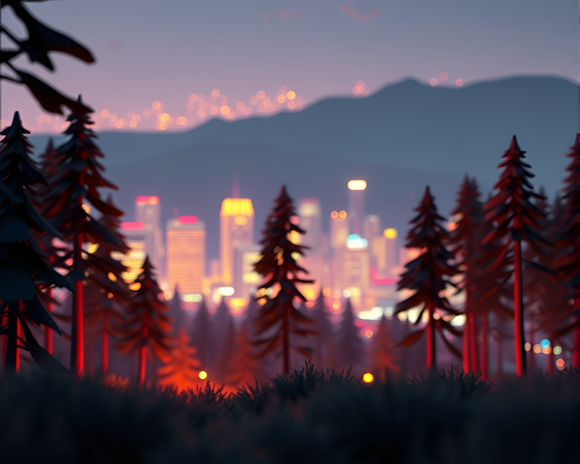 Glowing Low-Poly Cityscape in Enchanted Forest – free AI stock image