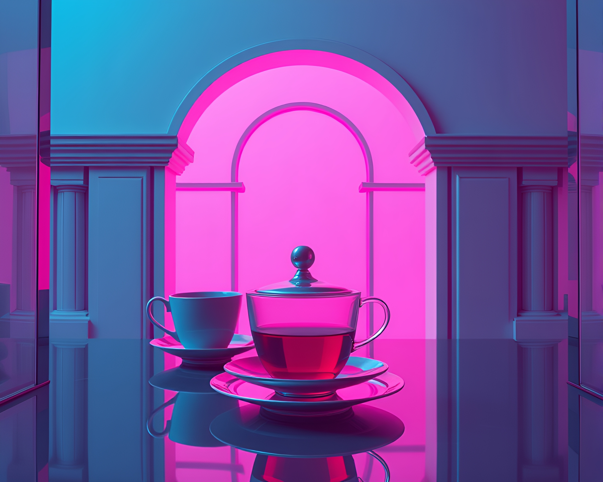 Vaporwave Tea Set Framed in Magenta Architecture – free AI stock image