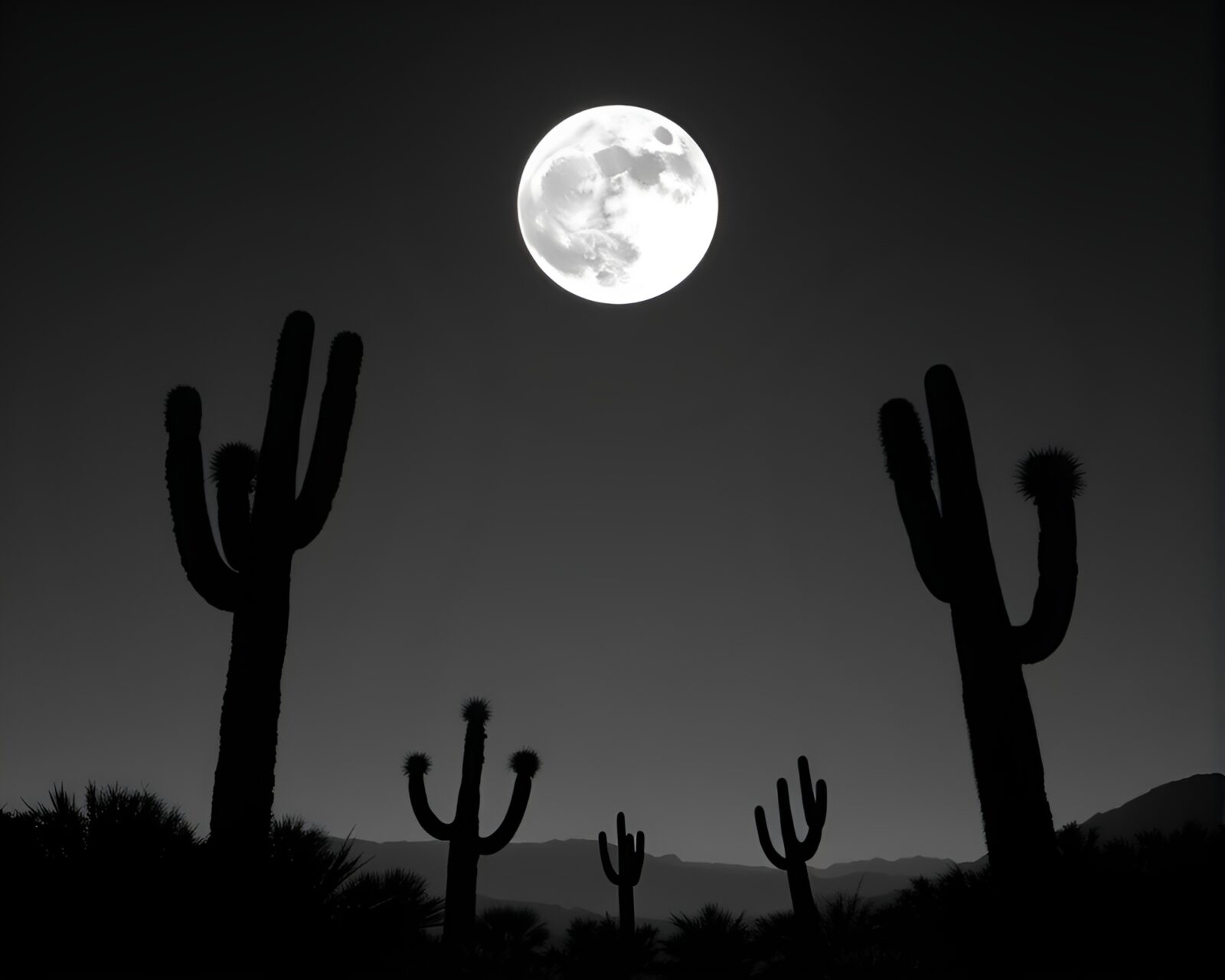 Dystopian-style grayscale image of lunar cactus in desert