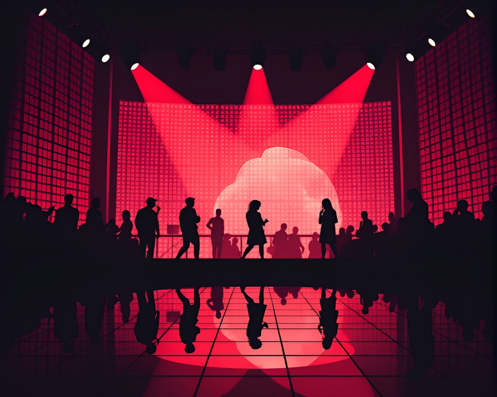 Retro wave grid silhouette reflected in a stage spotlight.