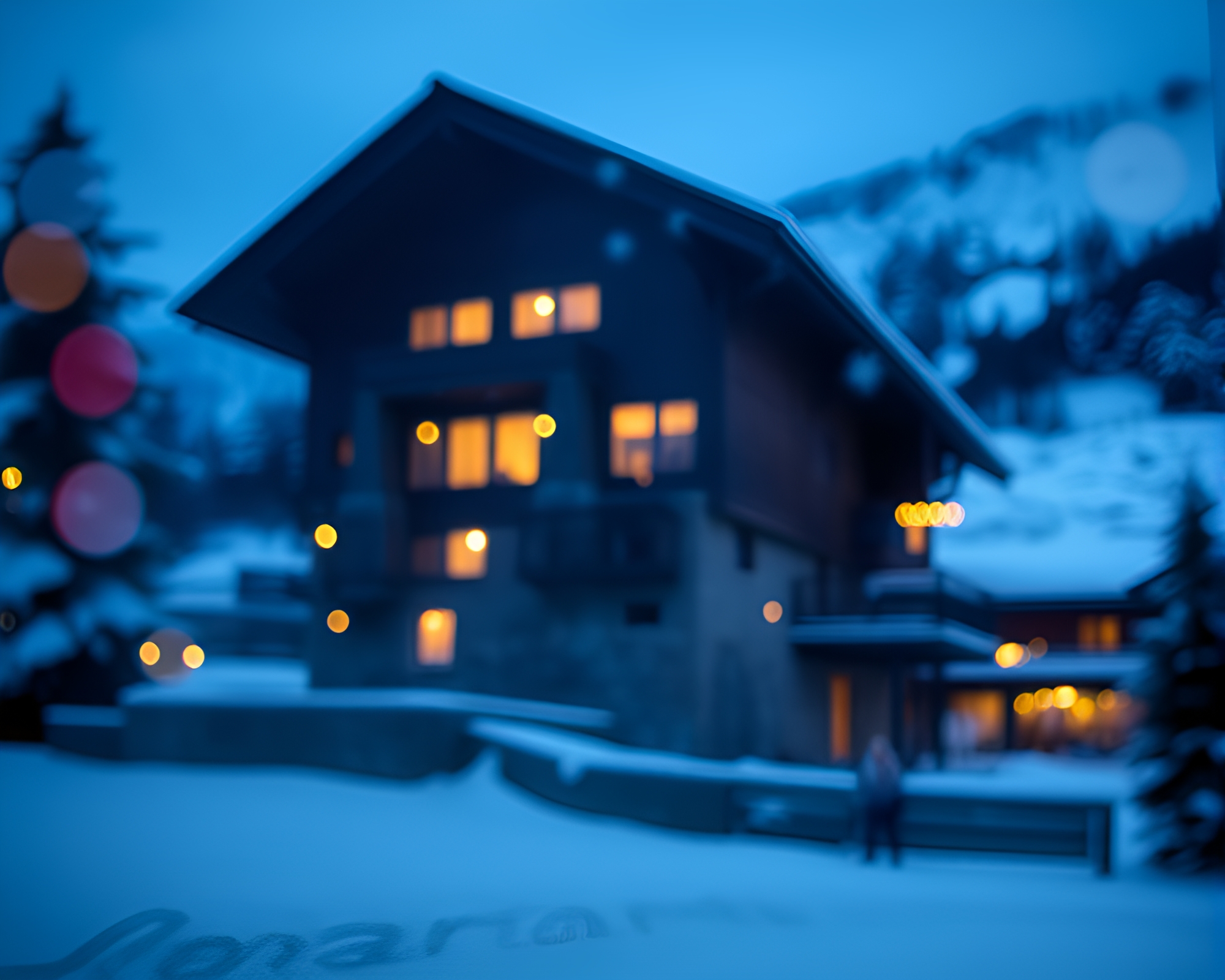 Holographic Alpine Chalet Reflection in Mirror Shard – free AI stock image