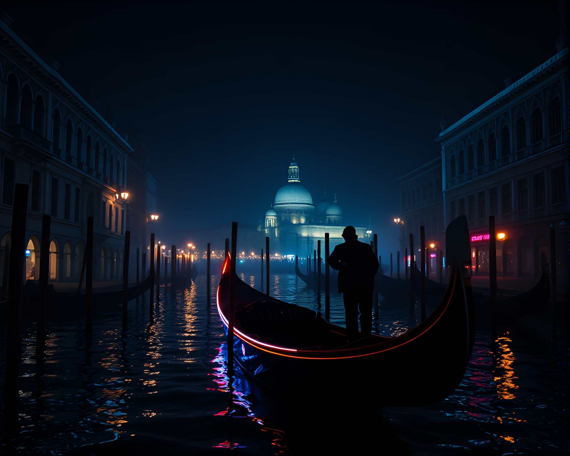 Venetian Gondola Silhouetted in Neon Glow – free AI stock image