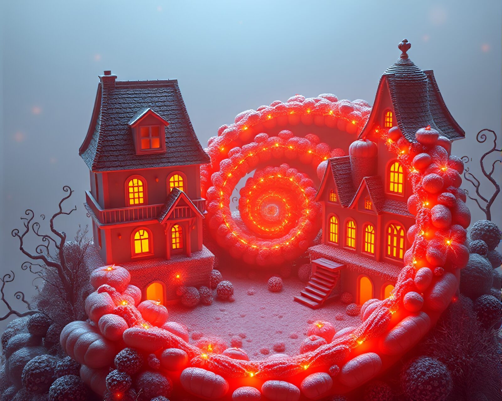 Wireframe render of glowing pumpkin pie in spiral composition