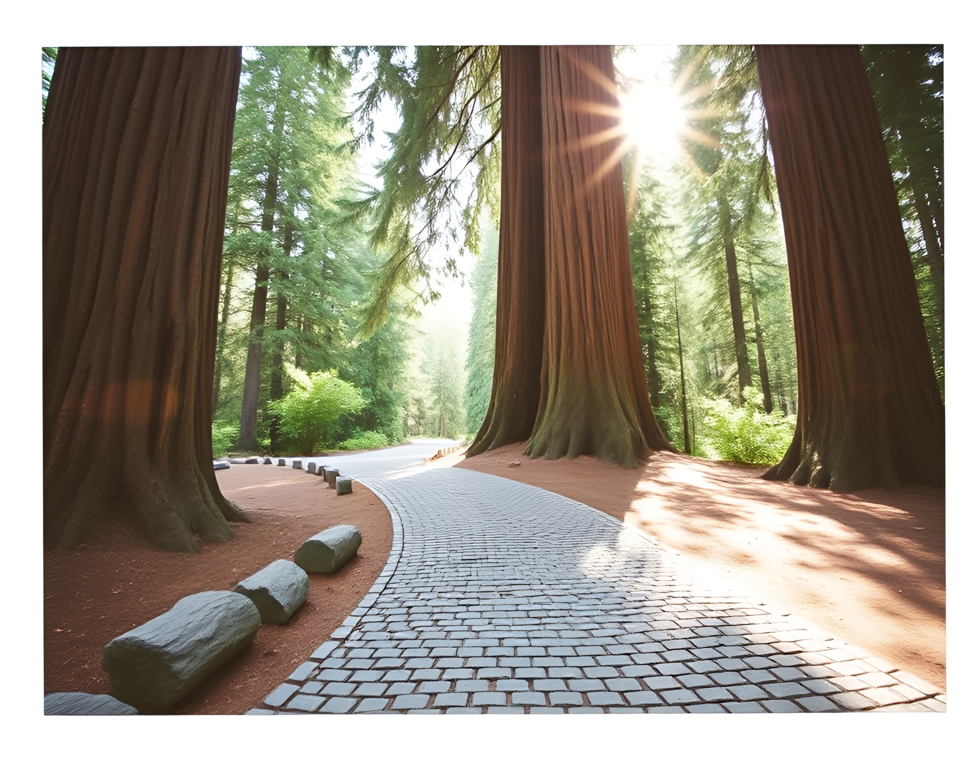 Enchanting Redwood Forest Cobblestone Path Polaroid – free AI stock image