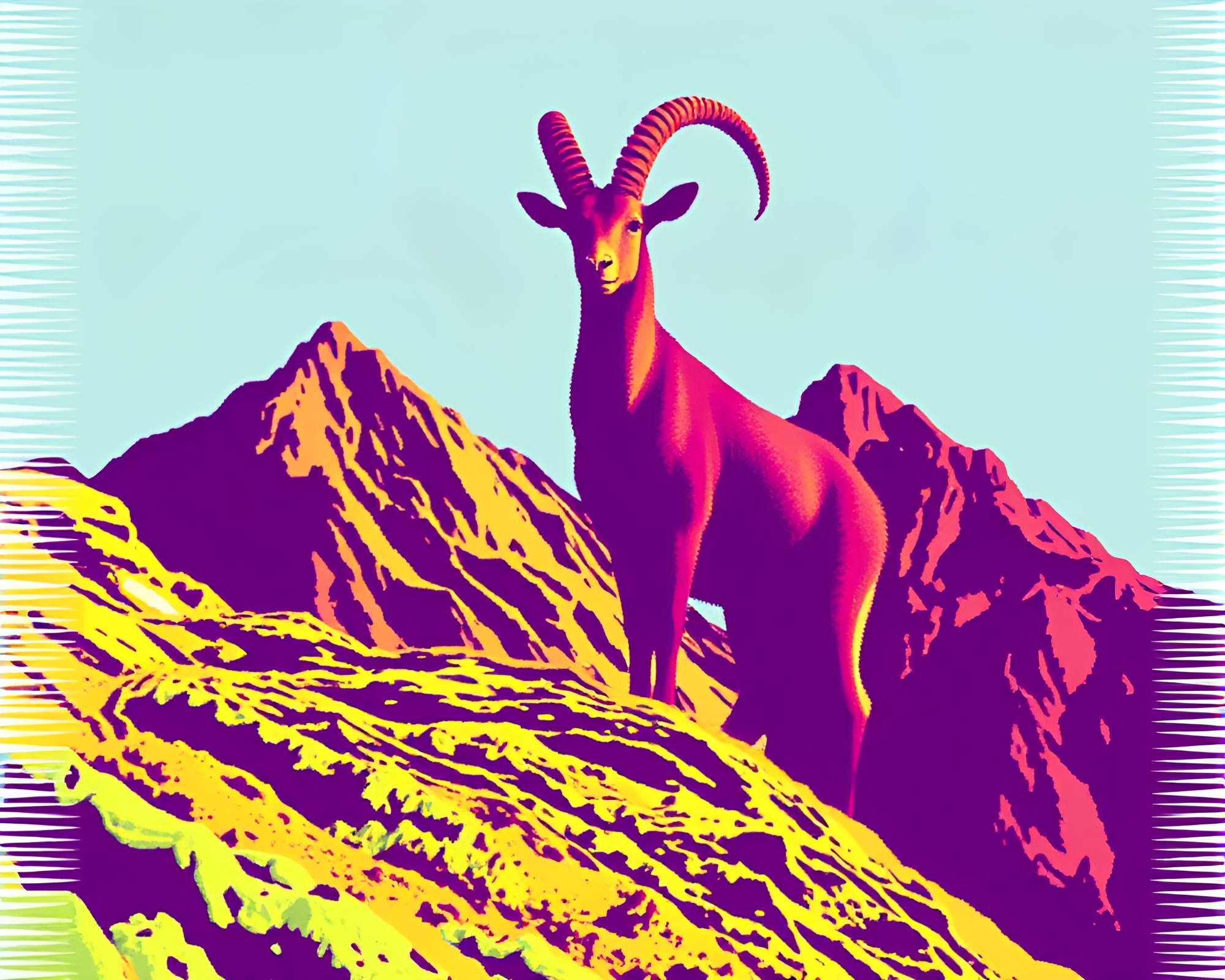Mountain Goat in Crosshatched CRT Glow – free AI stock image