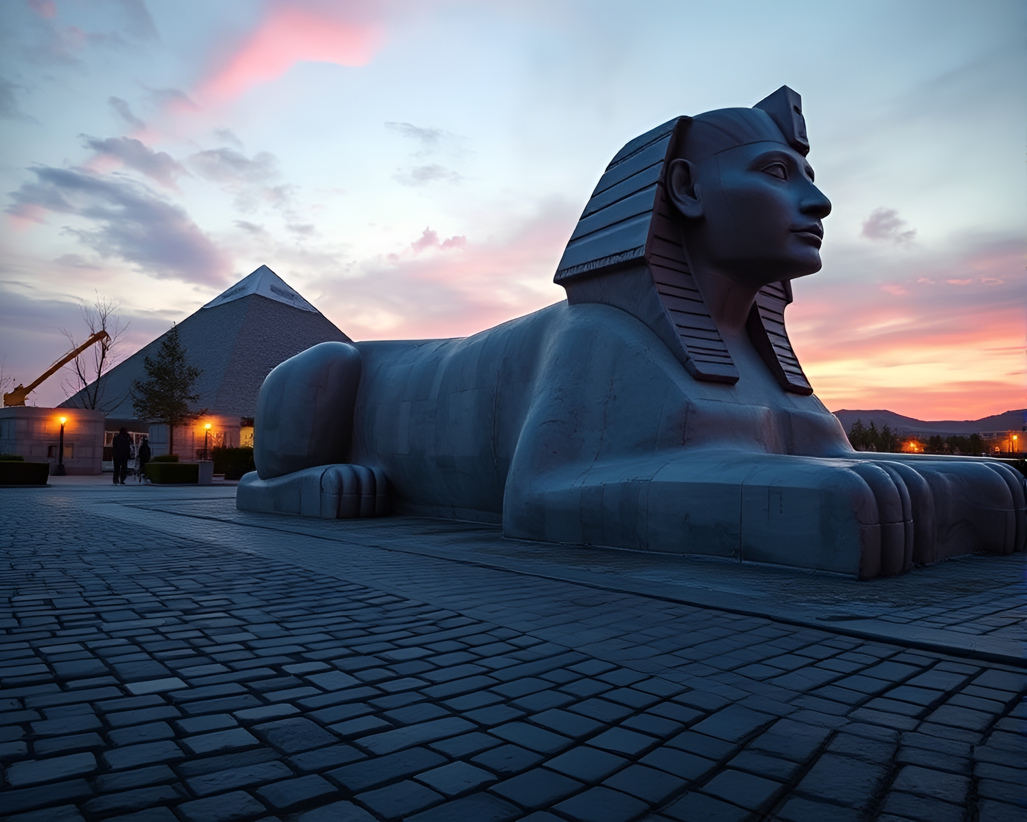 Twilight Sphinx Statue on Cobblestone Synthwave Path – free AI stock image