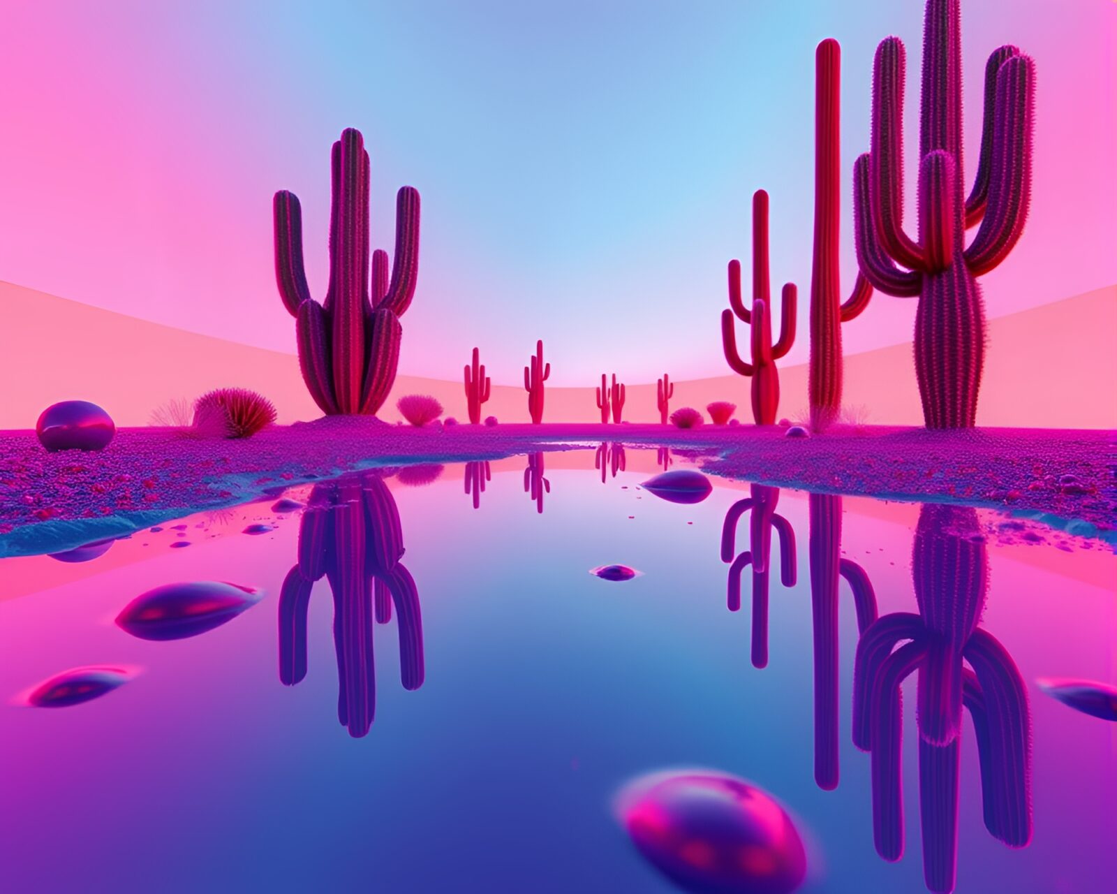 Teal serenity with neon cactus reflection in anaglyph 3D
