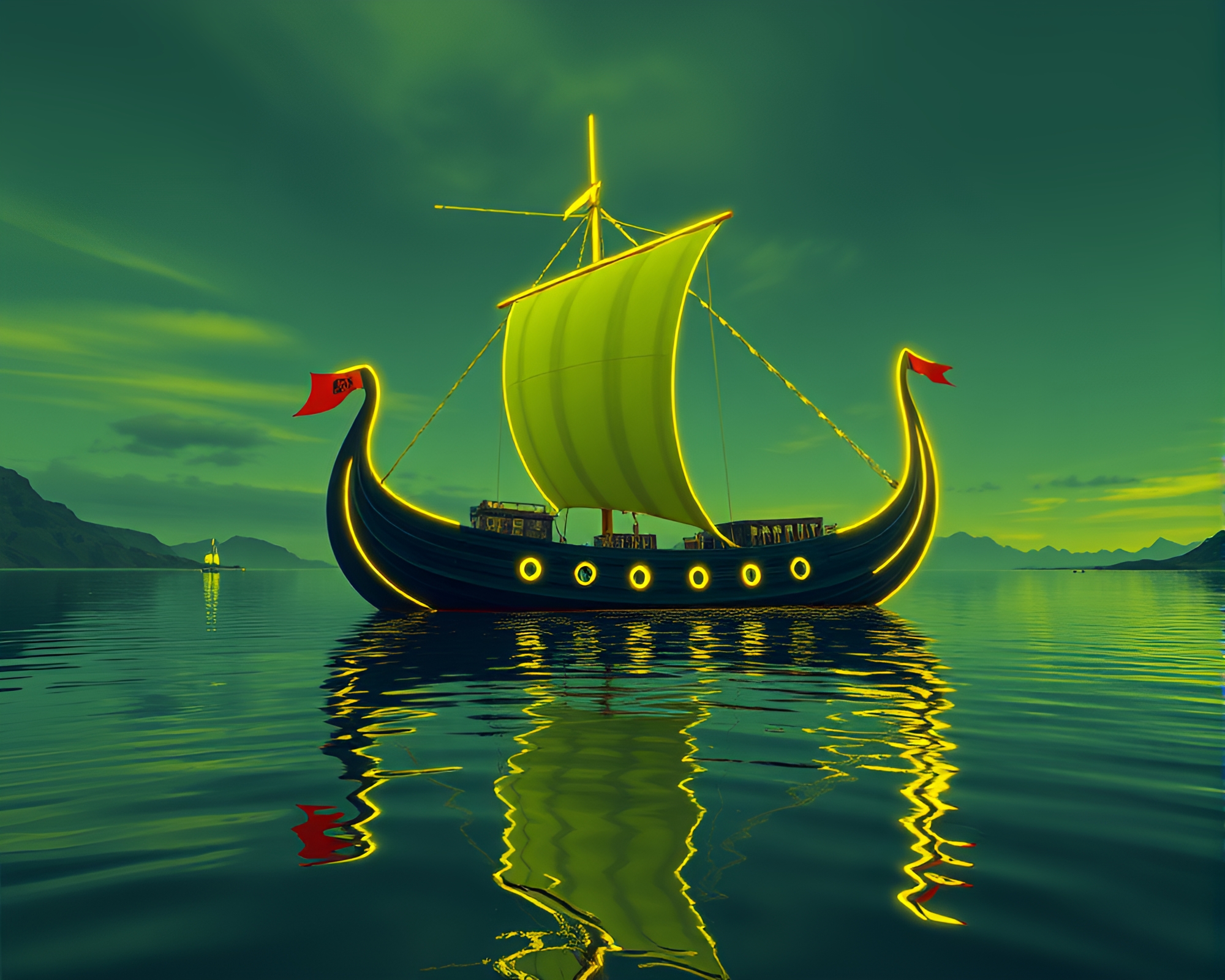 Neon Viking Longship Sailing in Lemon Zing Waters – free AI stock image