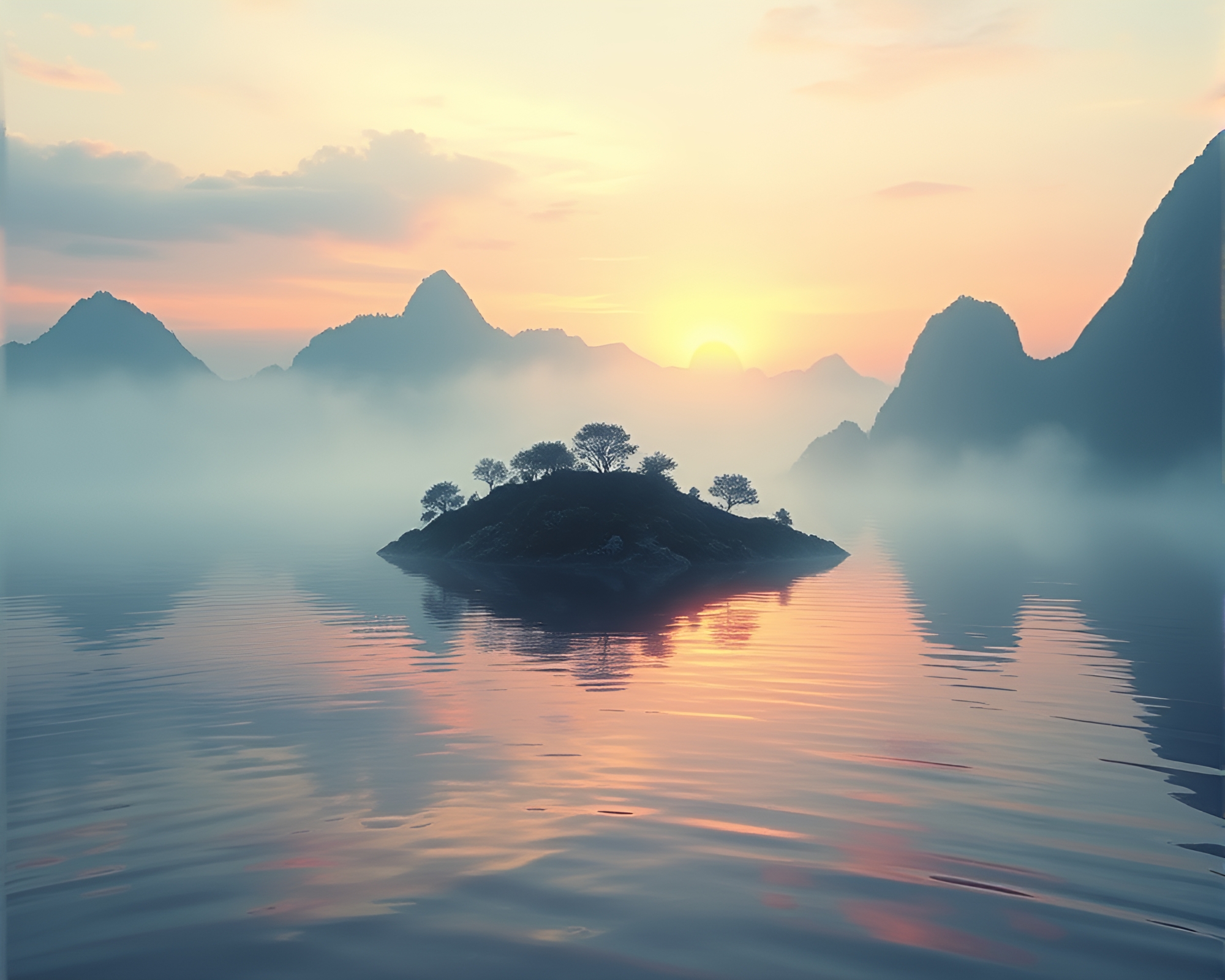Digital Twilight Haze: Floating Island Water Distortion – free AI stock image