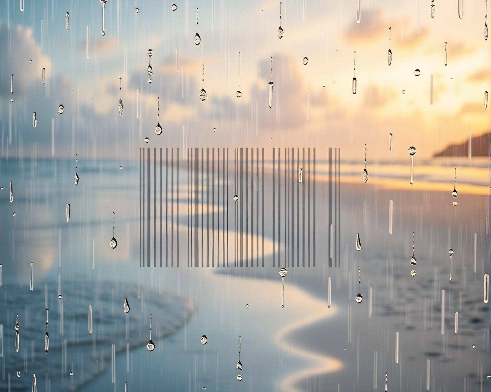 Barcode pattern merging with rainy beach reflections in vivid detail