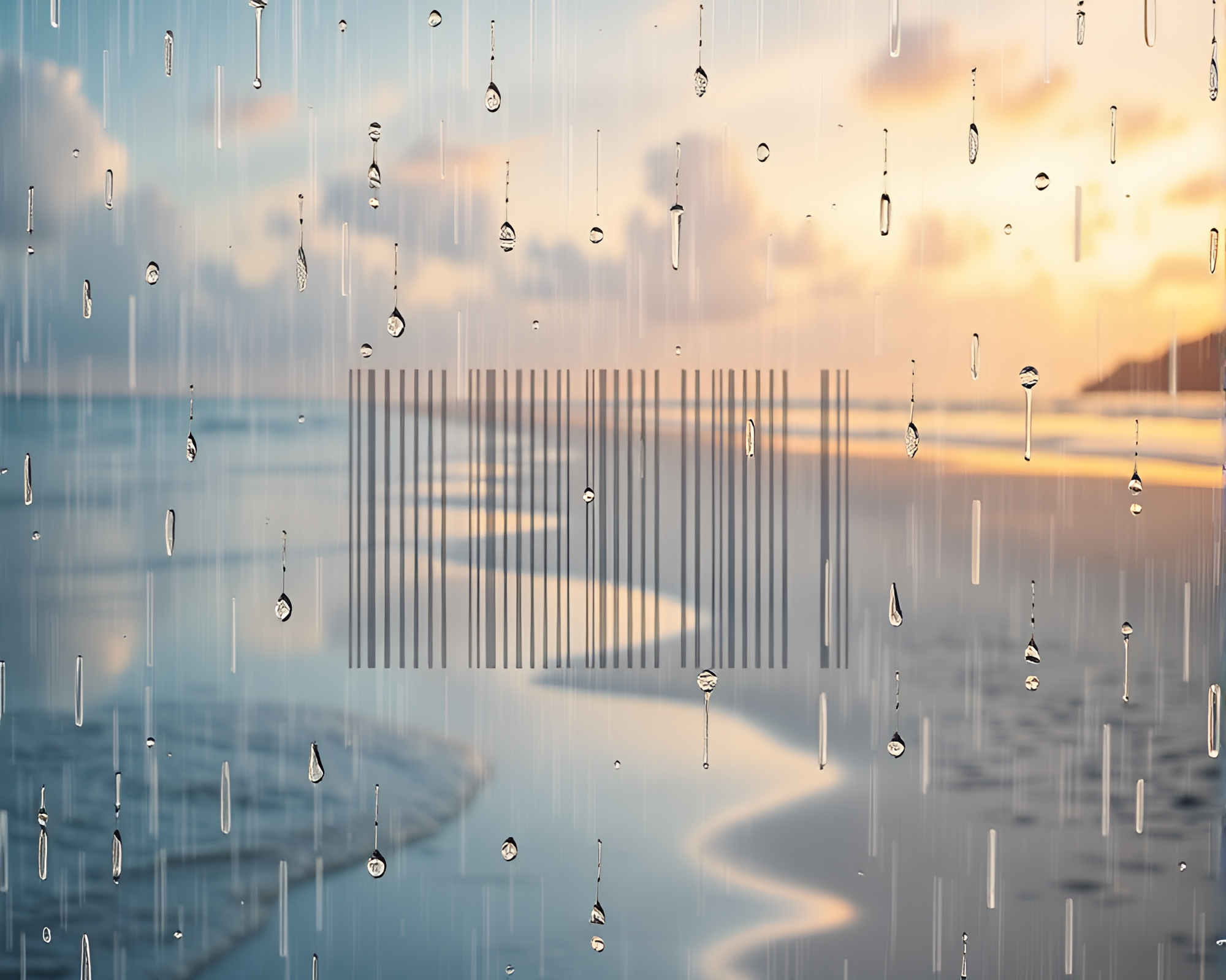 Barcode Beach: Surreal Rainy Reflections in Photorealistic Style – free AI stock image