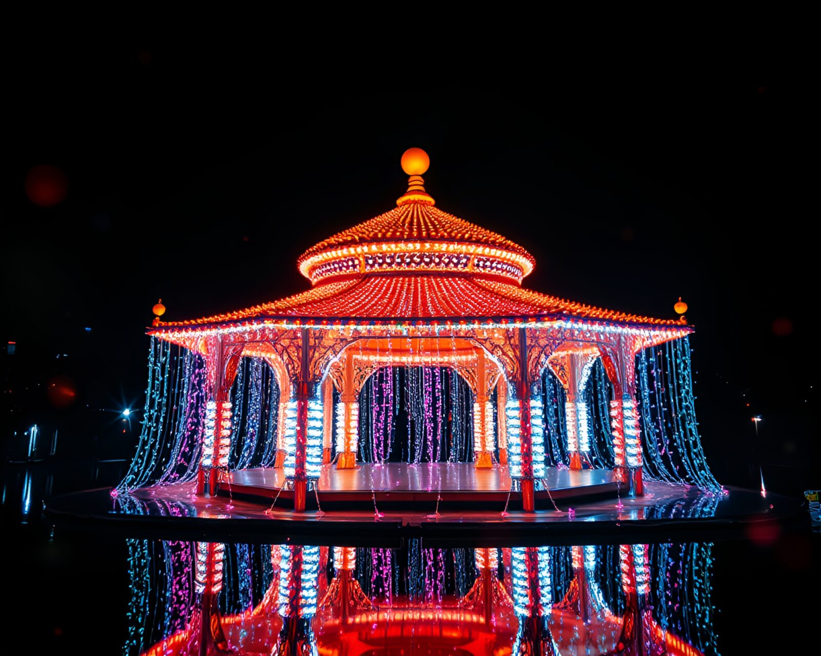Brightly lit neon floating structure with holographic specks