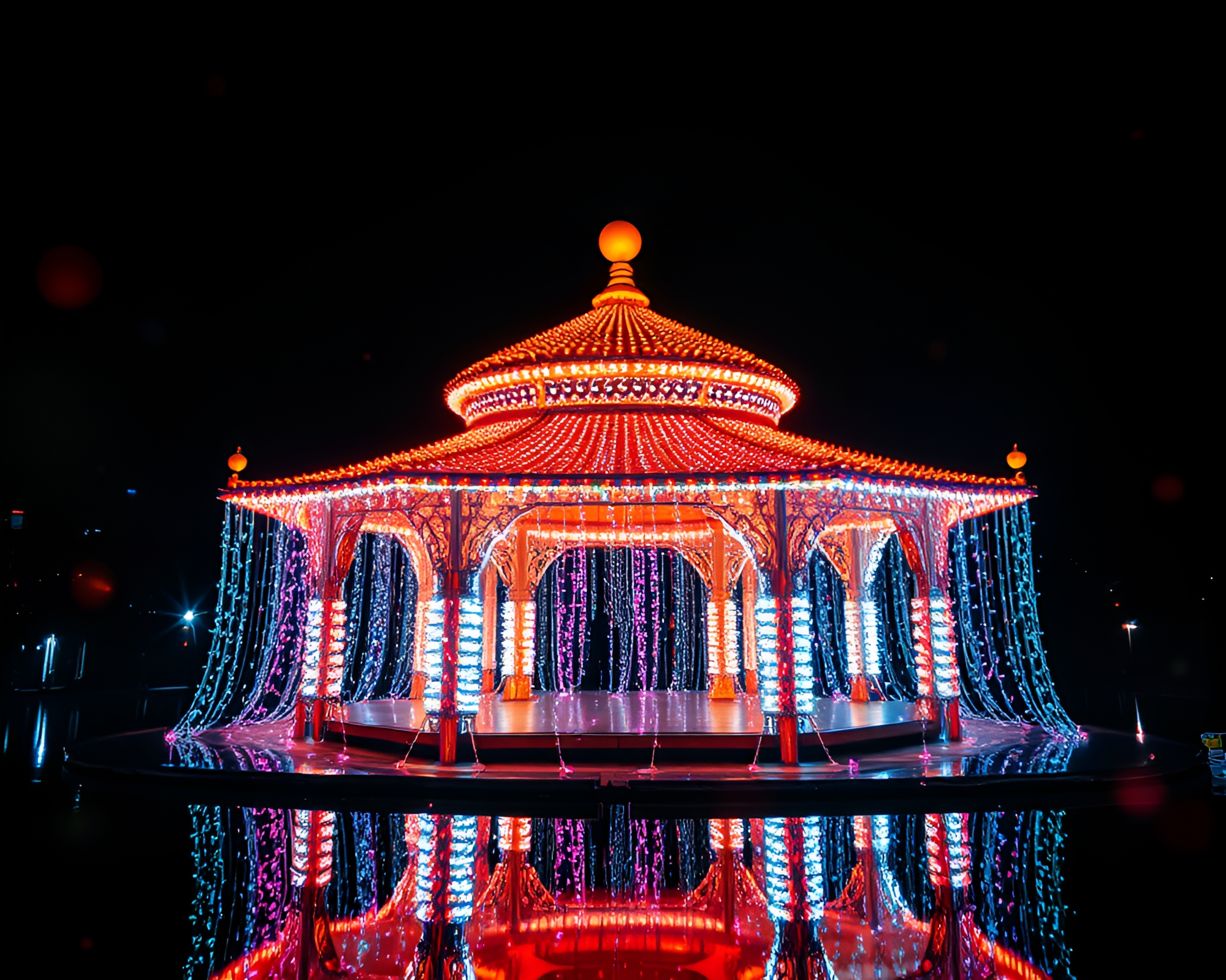 Futuristic Floating Neon Pavilion with Hologram Specks – free AI stock image