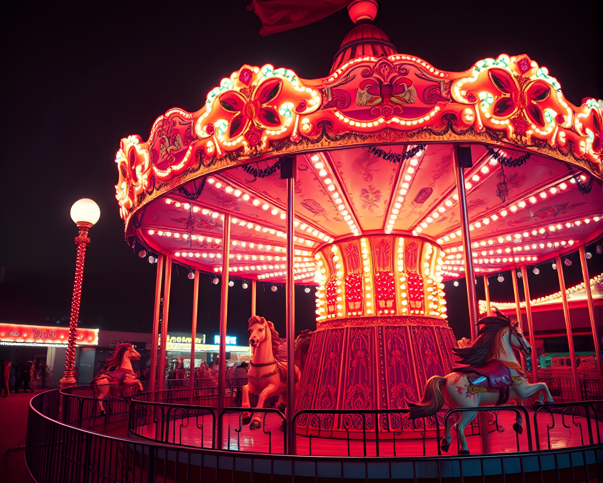 Enchanting Carnival Carousel in Rose Gold Thermal Glow – free AI stock image