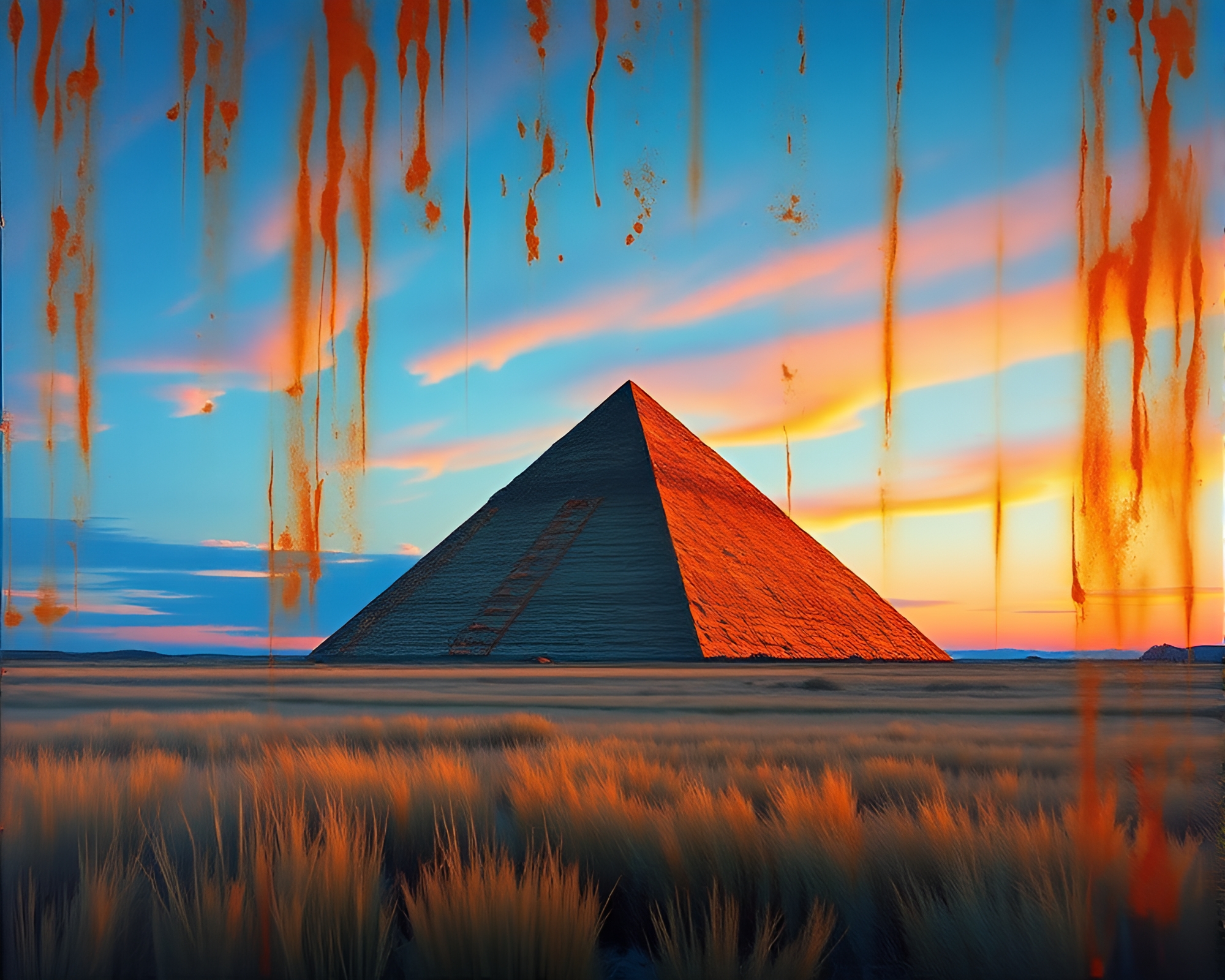 Twilight Pyramid: Rust Stain Colorfield Painting – free AI stock image