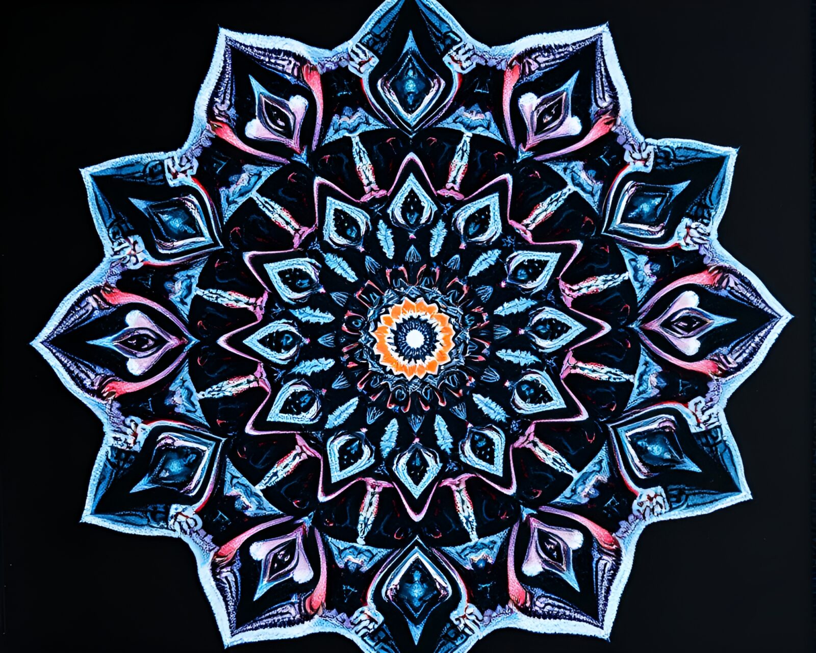 Intricate mandala design with mirror symmetry in underexposed lighting