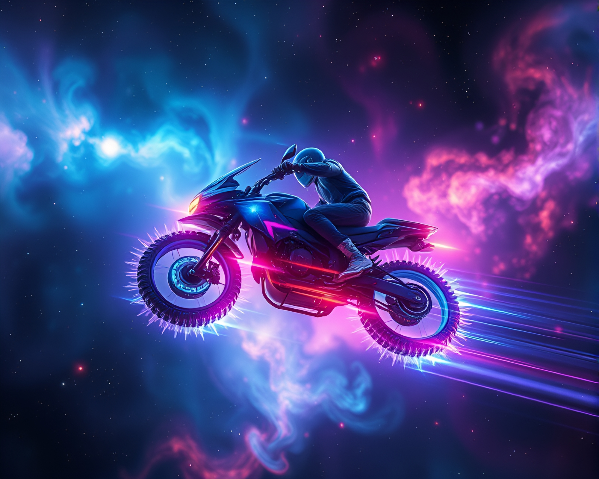 Fractal Hoverbike Bathed in Cosmic Nebula Light Leaks – free AI stock image