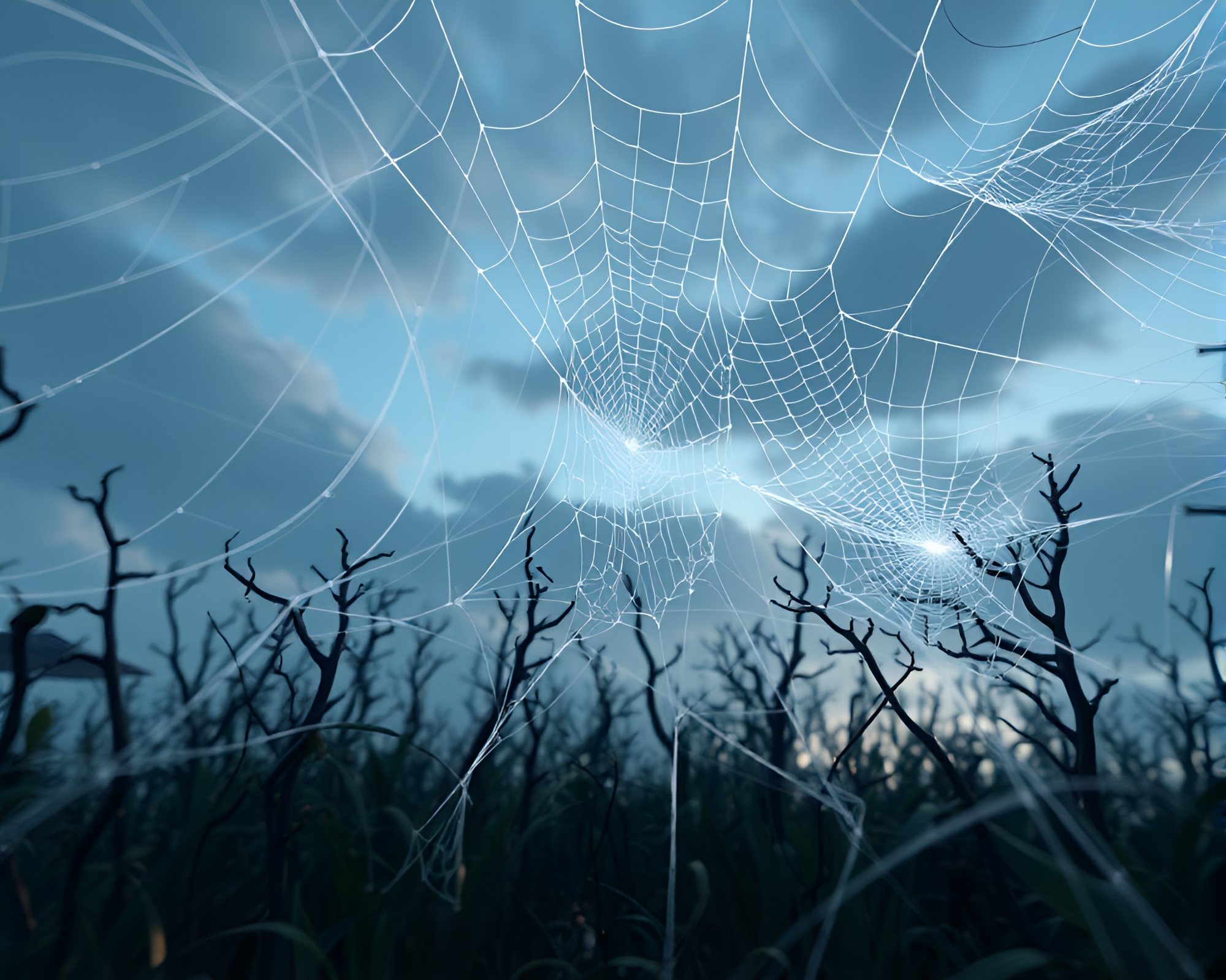 Necromantic Sky Garden with Cobweb Strands – free AI stock image