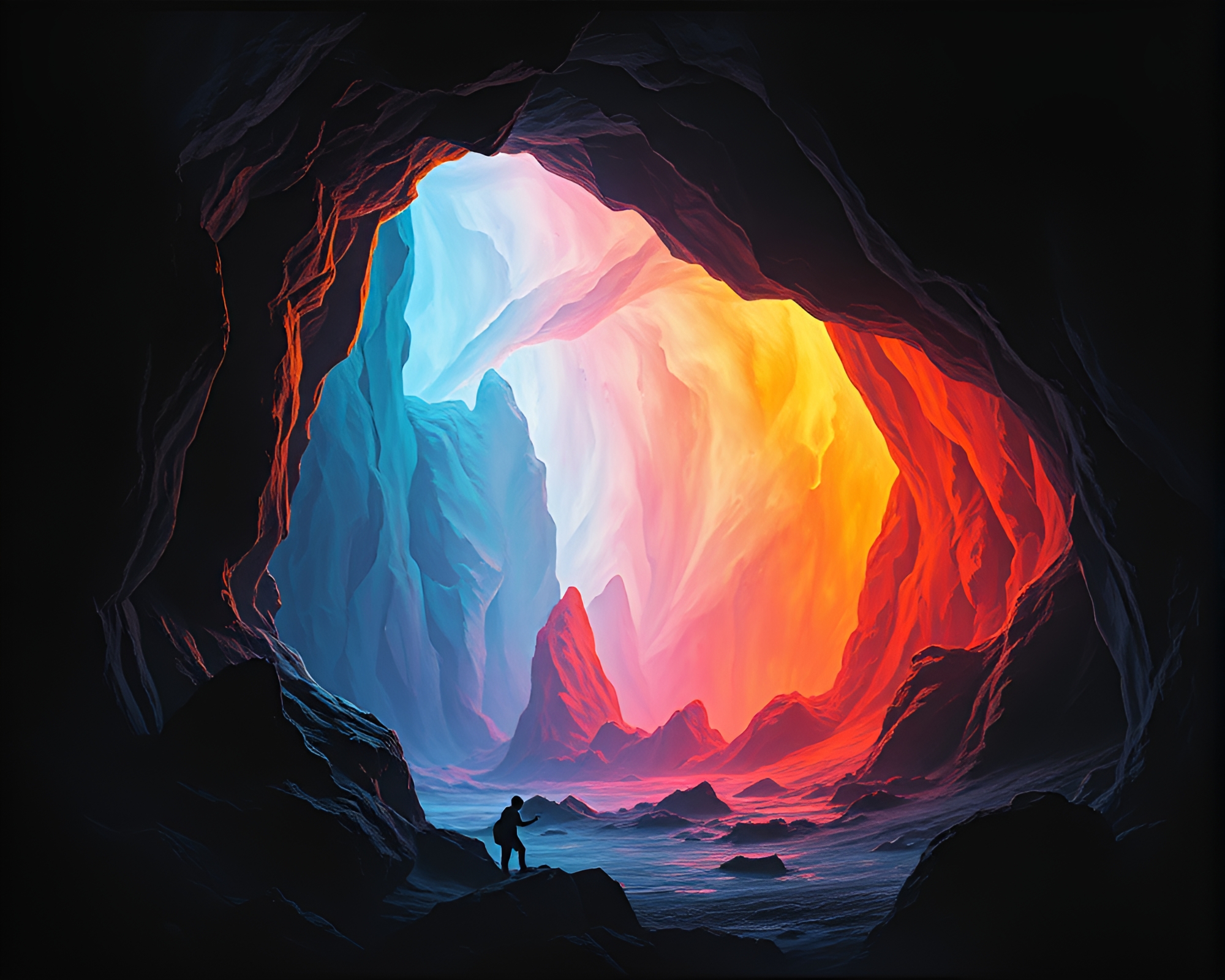 Cave Painting Reimagined: Pastel Stencil Art Film Burn – free AI stock image