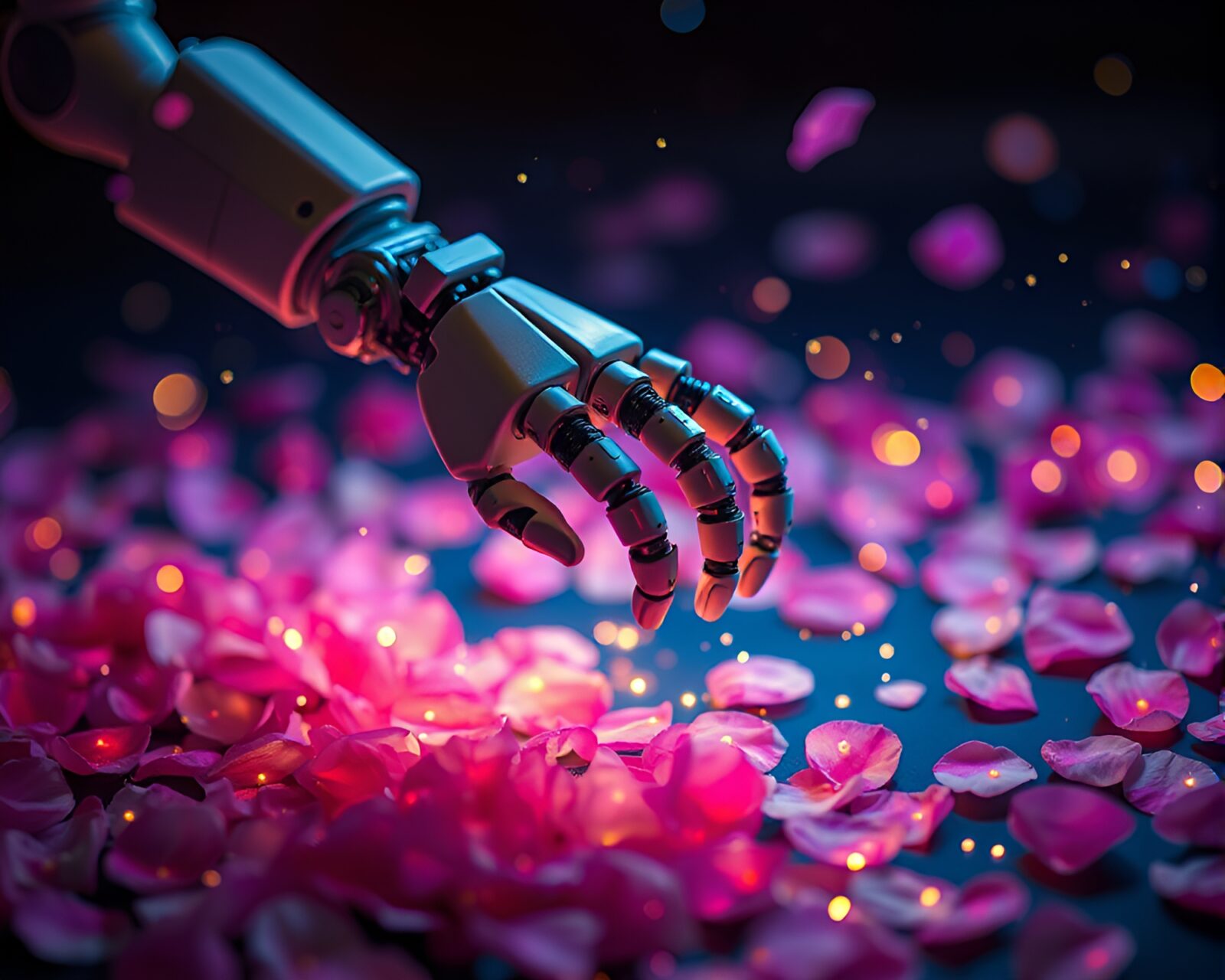 Robotic arm adorned with delicate flower petals under dim lighting