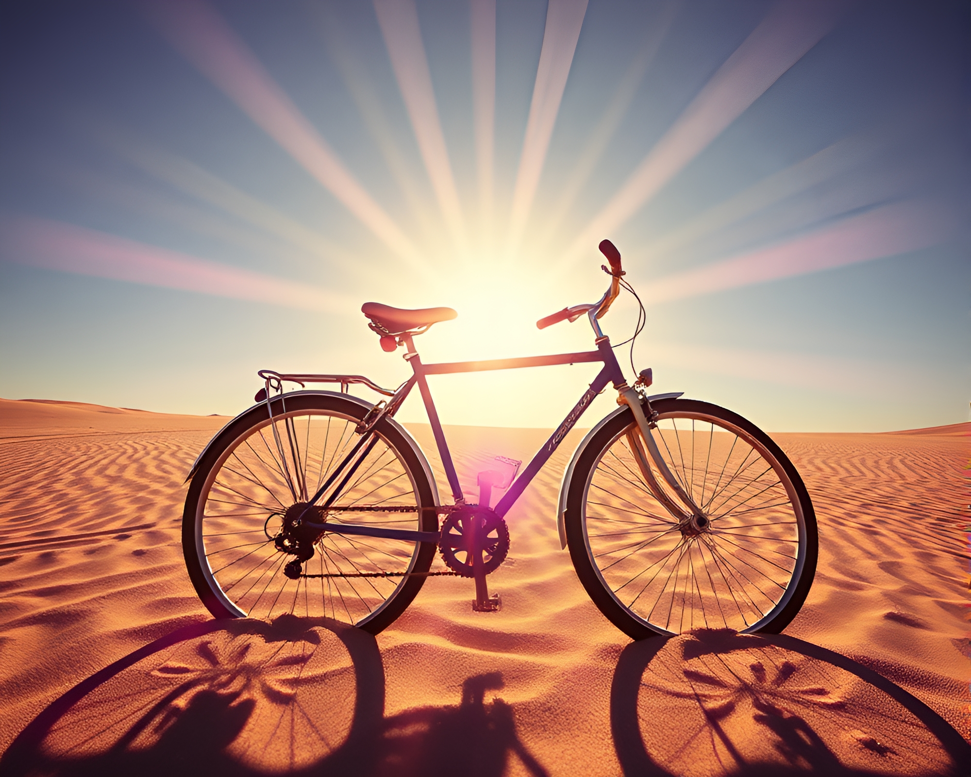 Vibrant 80s Bicycle Ride Through Solar Sand Swirls – free AI stock image