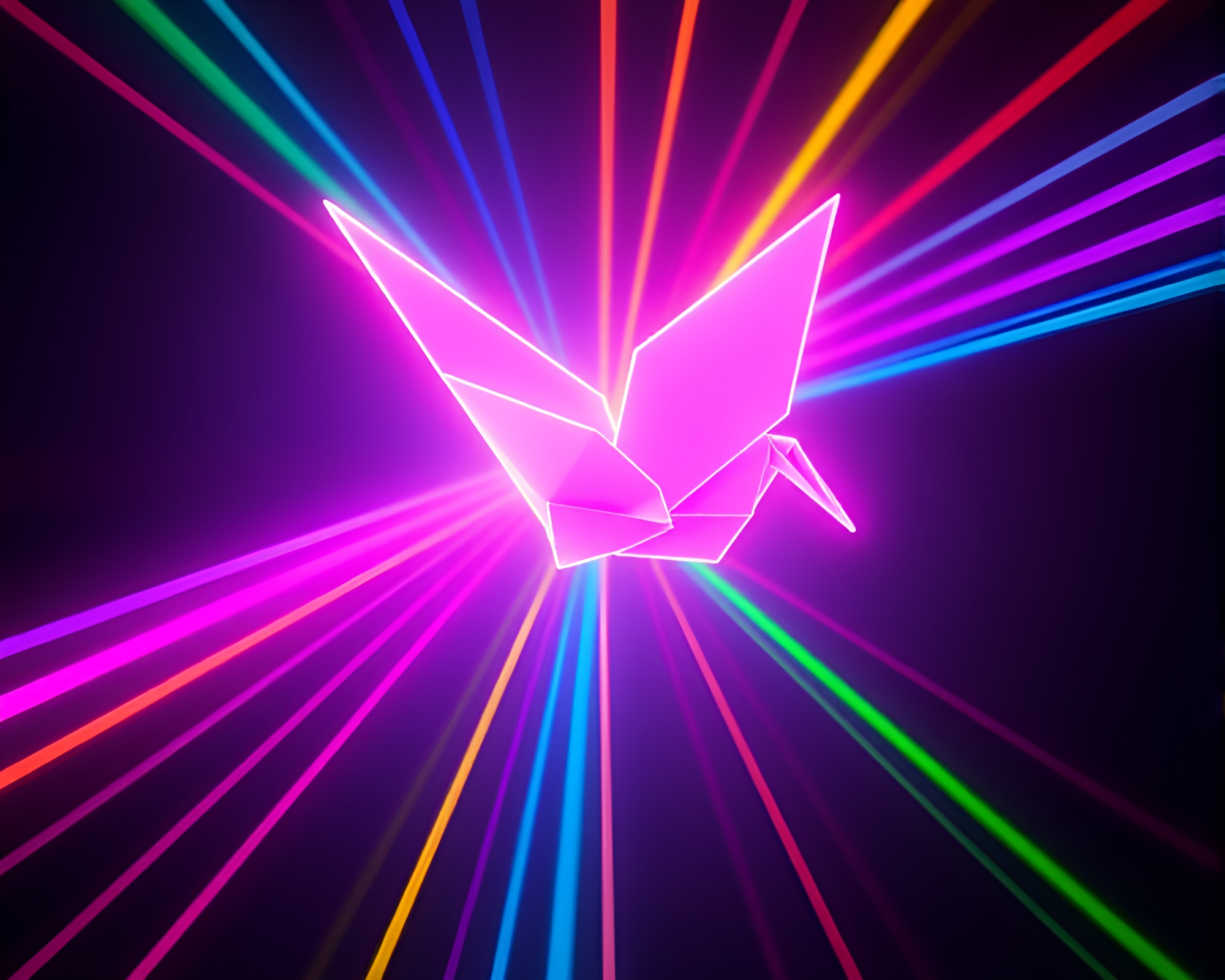 Neon Origami Crane in Laser Wireframe Fantasy – free AI stock image