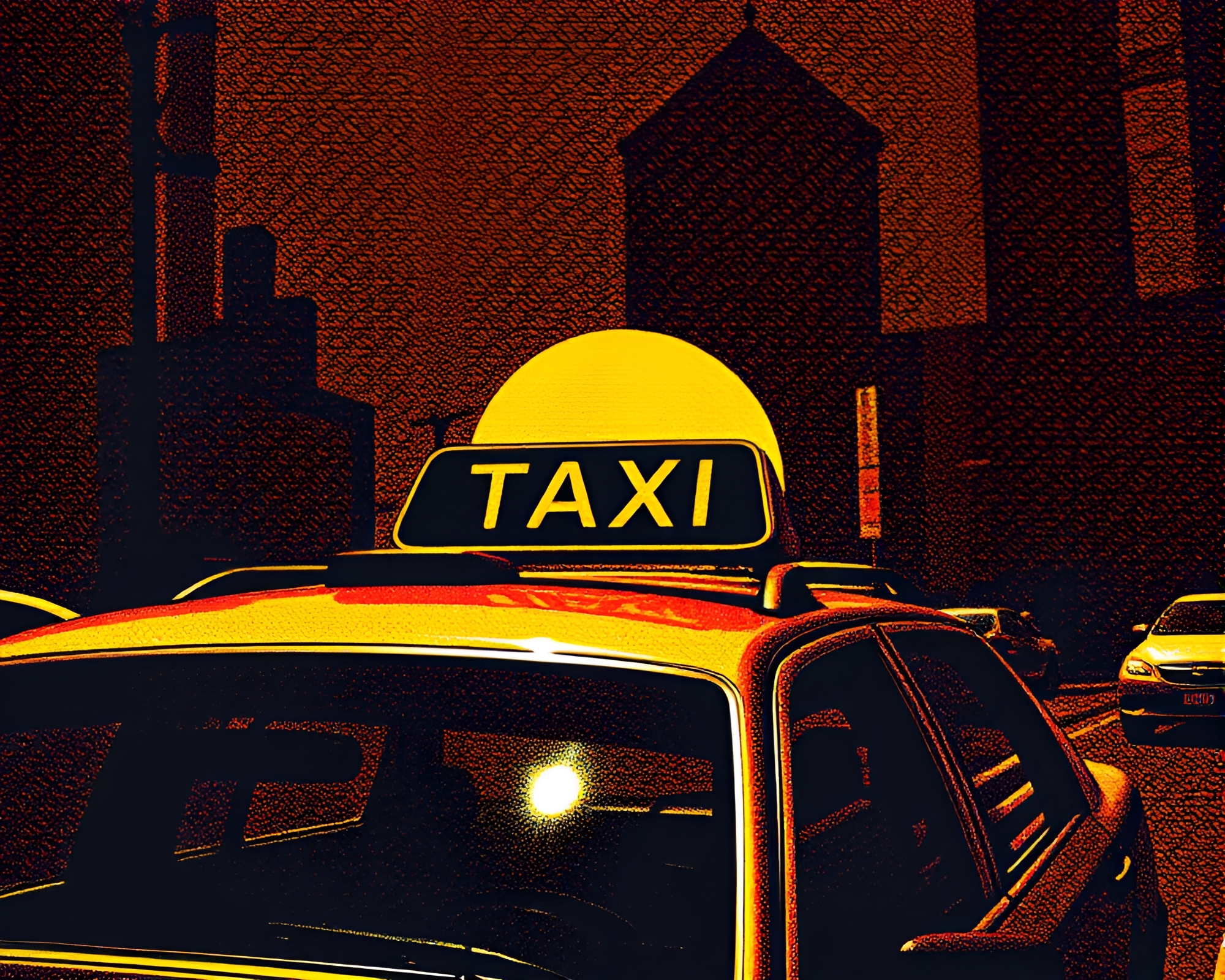 Copper Sun Glare Hover Taxi Halftone Delight – free AI stock image