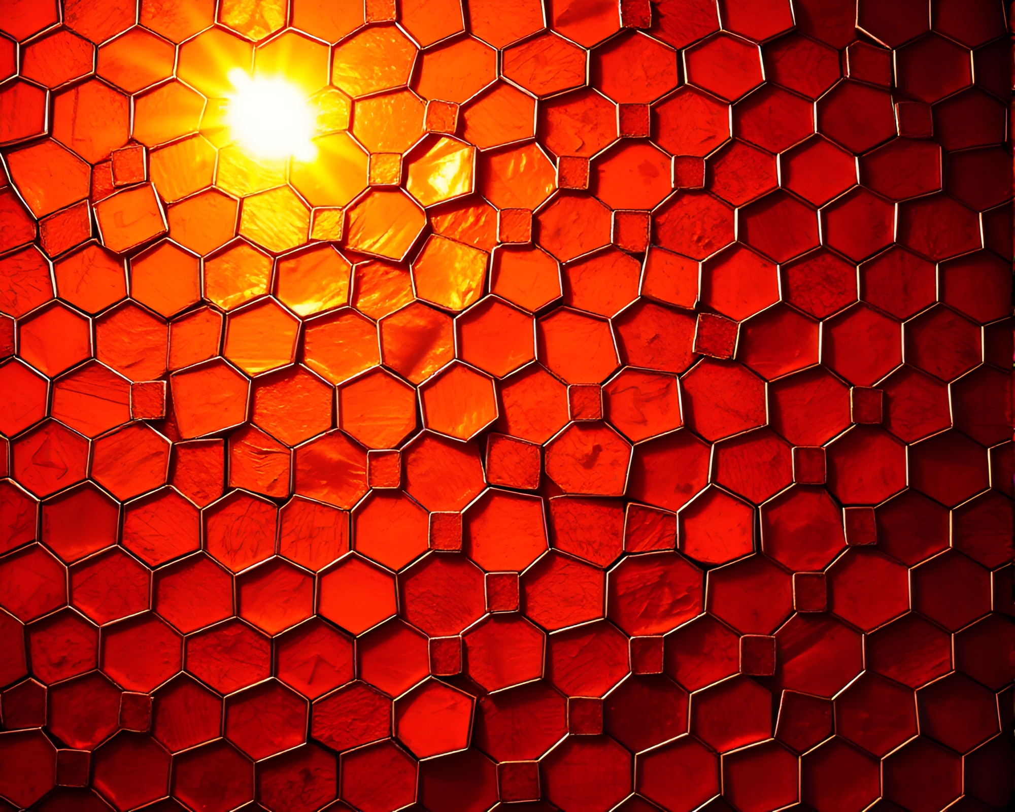 Ink Calligraphy Hexagonal Tiling with Burnt Orange Lens Flare – free AI stock image
