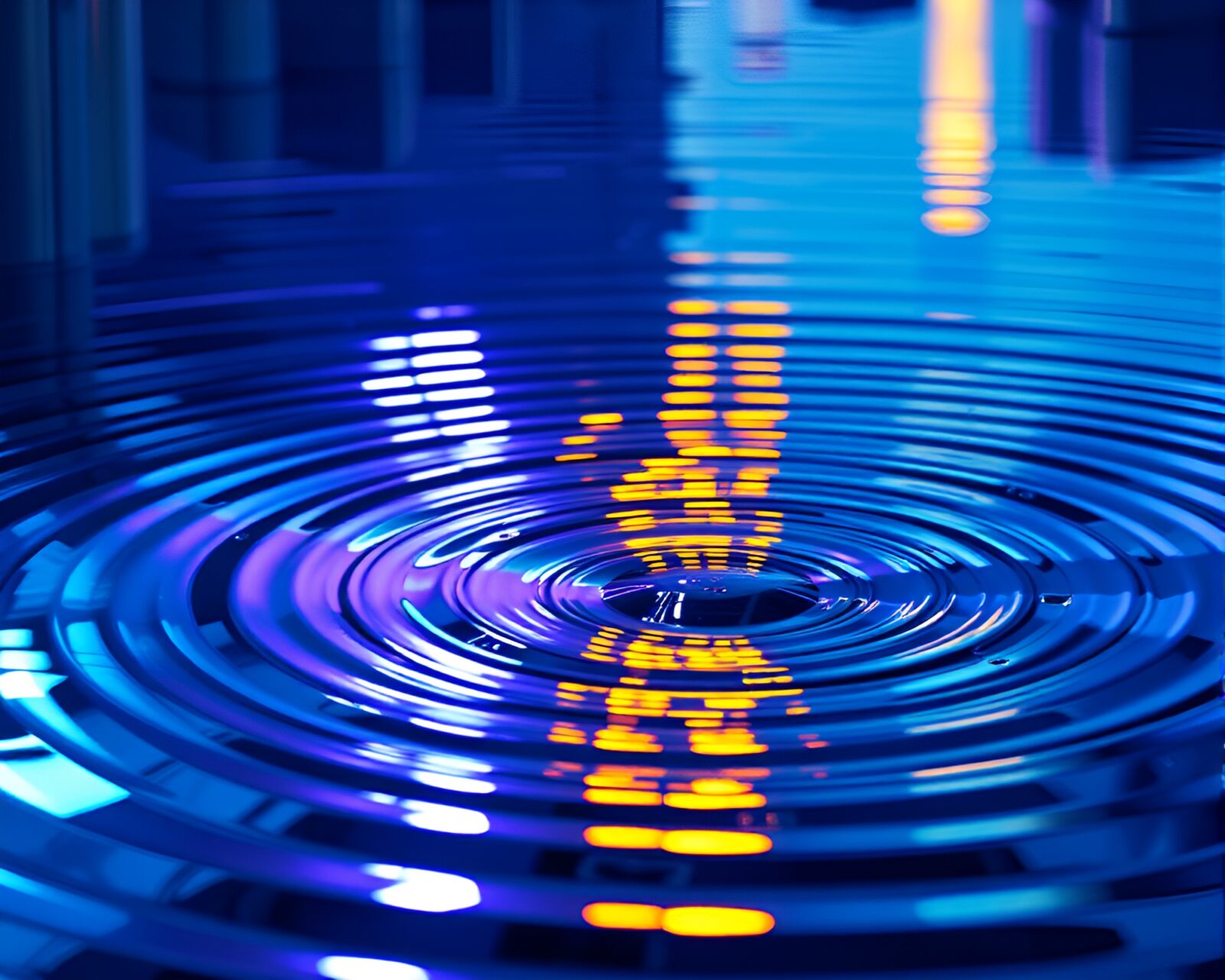 Geometrically abstracted robotics lab with ultraviolet shine and water ripples