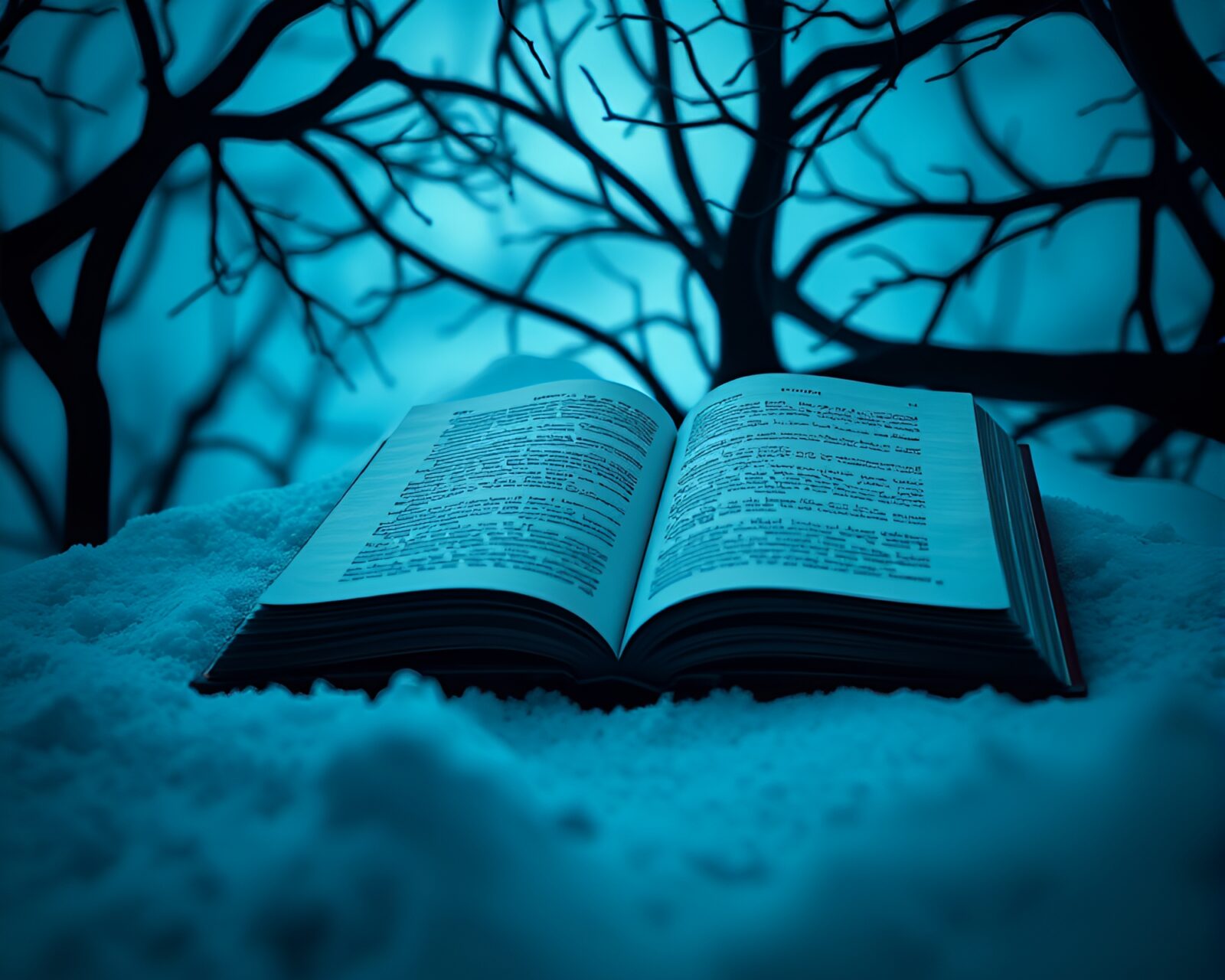 Arctic blue ambiance illuminating Poe's raven on ice