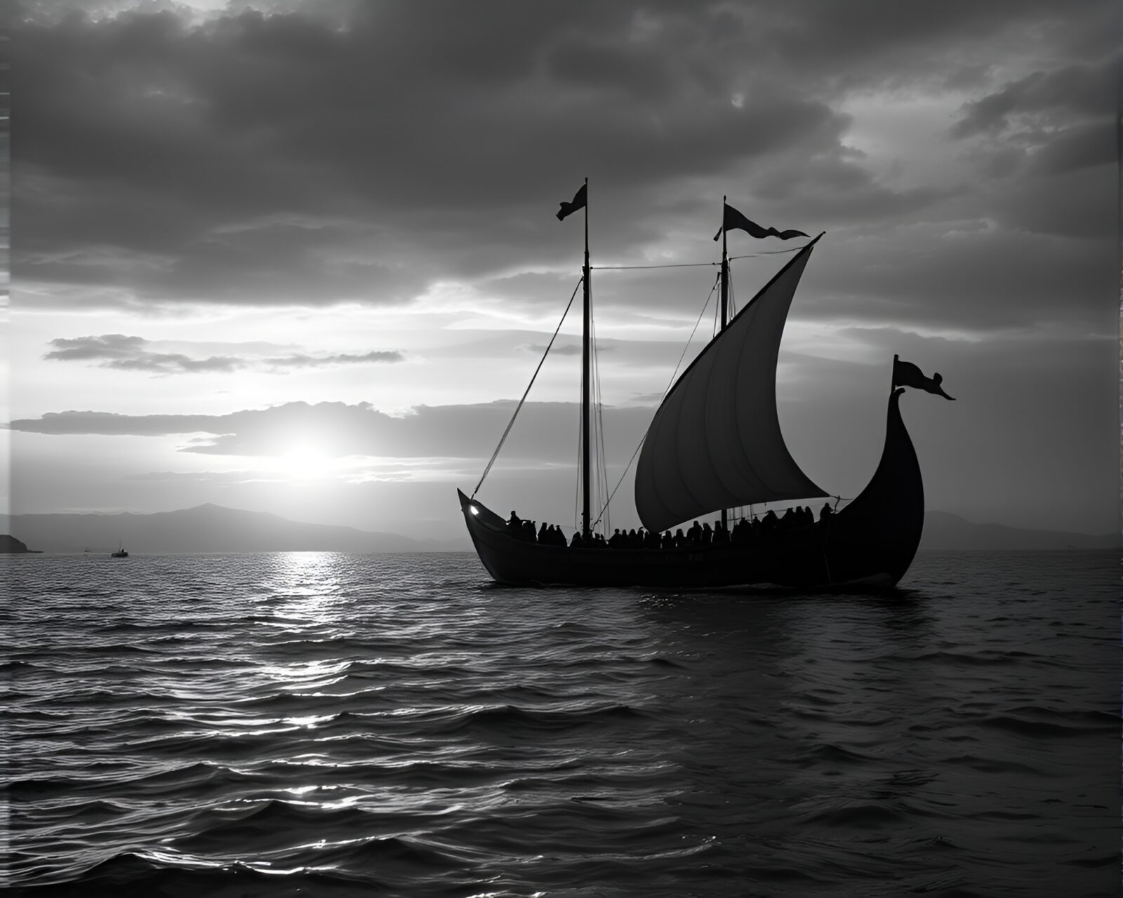Monochrome art of Viking longship in peachy glow hatching