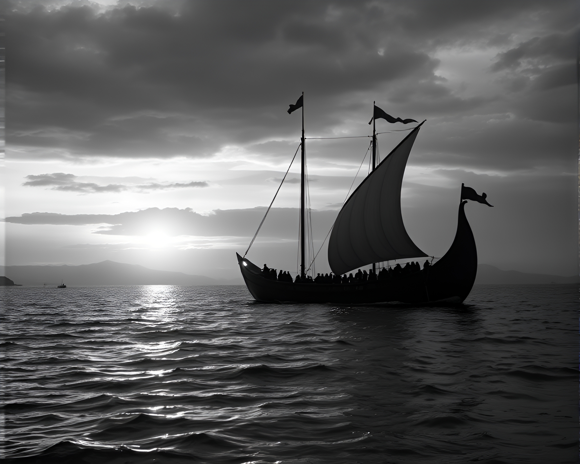 Peachy Glow Viking Longship Hatching Monochrome Art – free AI stock image