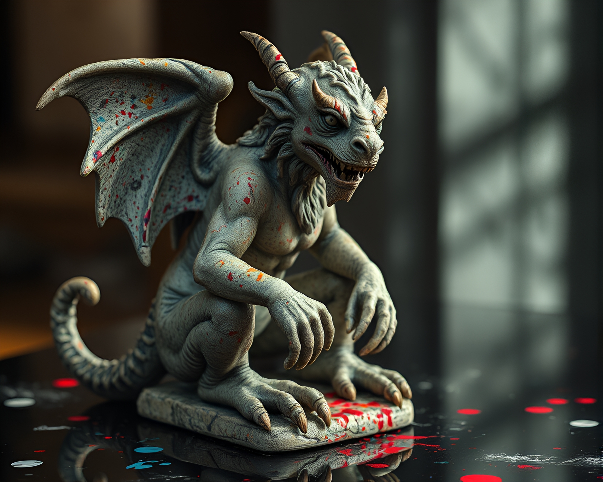 Gargoyle Statue in Reflective Paint Splatter Palette – free AI stock image