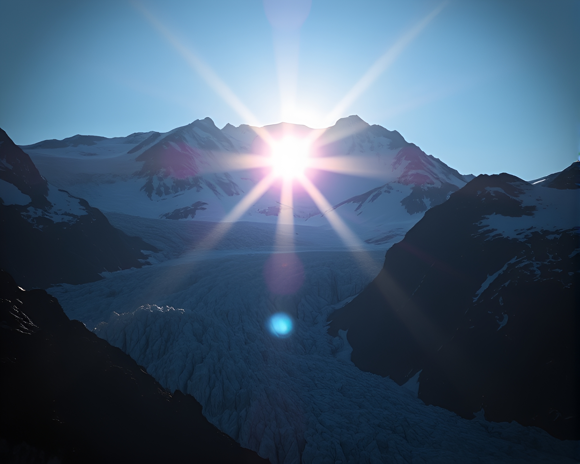 Glacier Lens Flare: Trompe-l’oeil Chiaroscuro Drama – free AI stock image