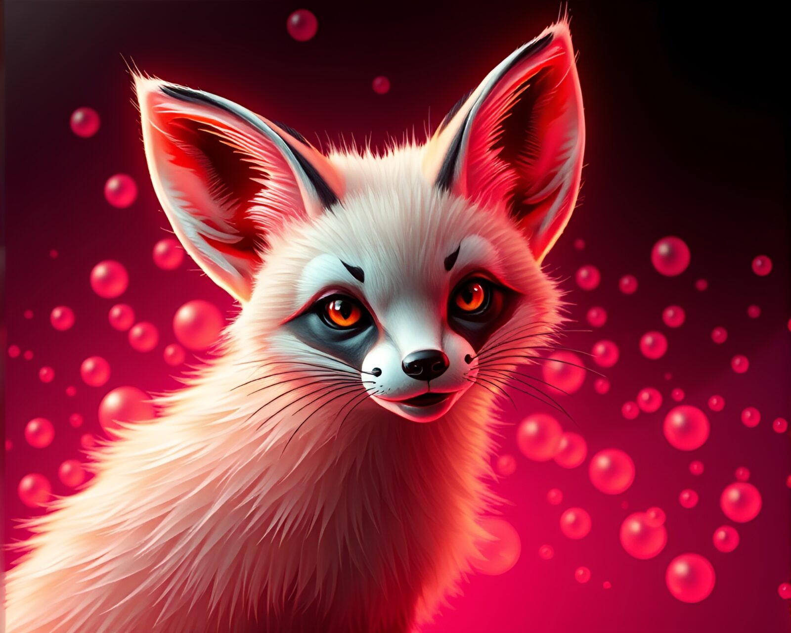 High-poly 3D render of a fennec fox surrounded by neon graffiti bubbles