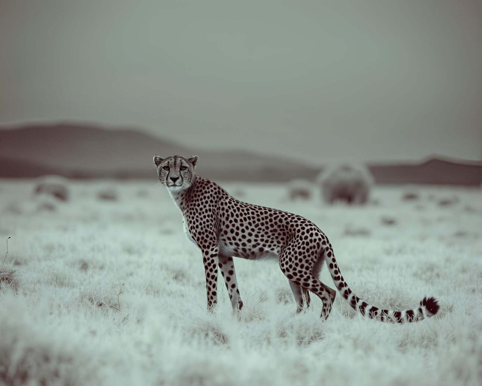 Sleek cheetah blending in olive-toned infrared environment