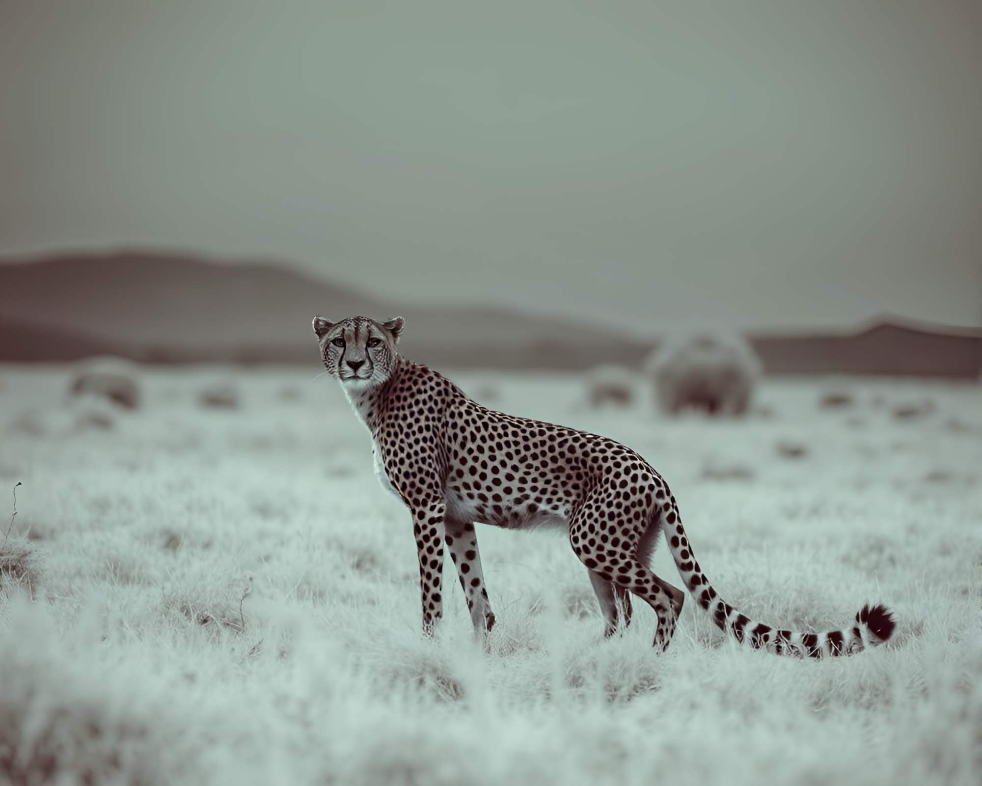 Minimalist Infrared Cheetah Roaming in Olive Drab Landscape – free AI stock image