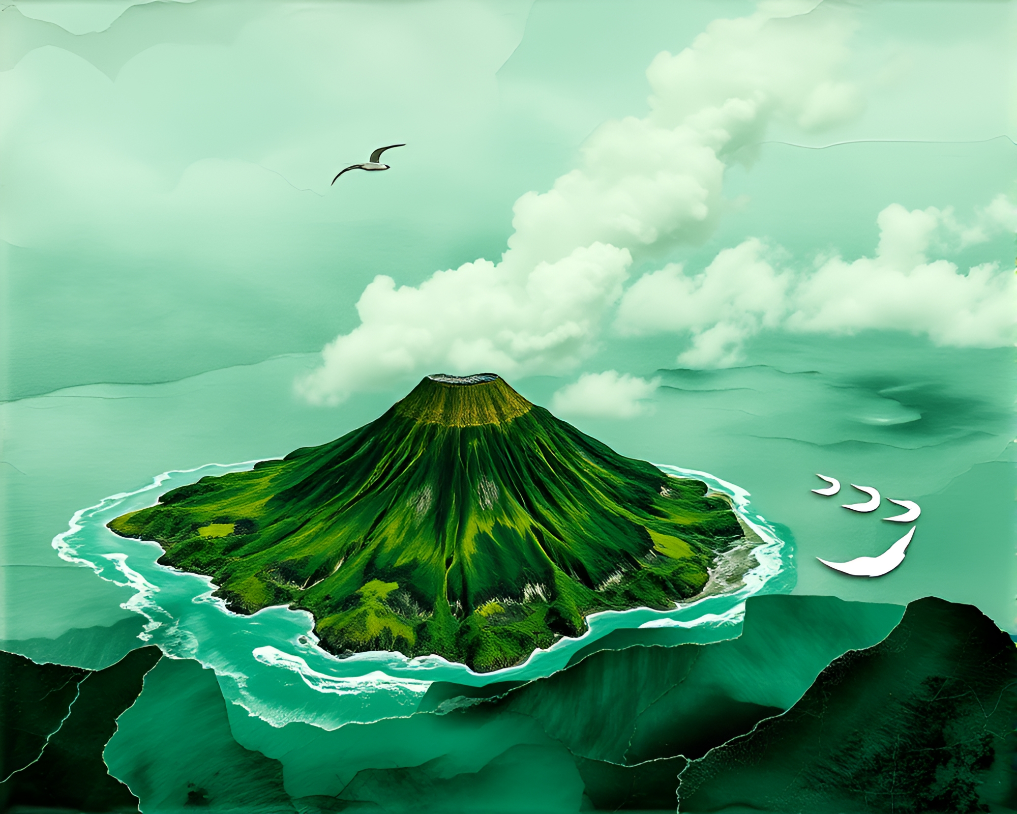 Emerald Green Volcanic Island with Silver Leaf Accents – free AI stock image