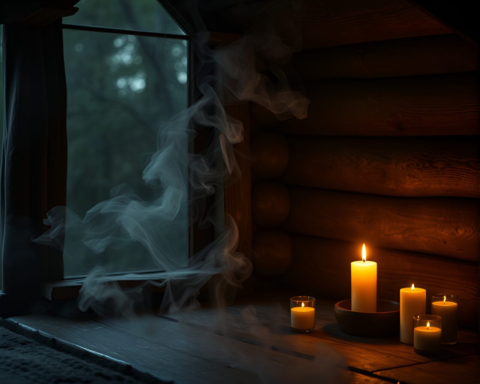 Soothing olive drab tones fill rustic cabin with candle smoke.