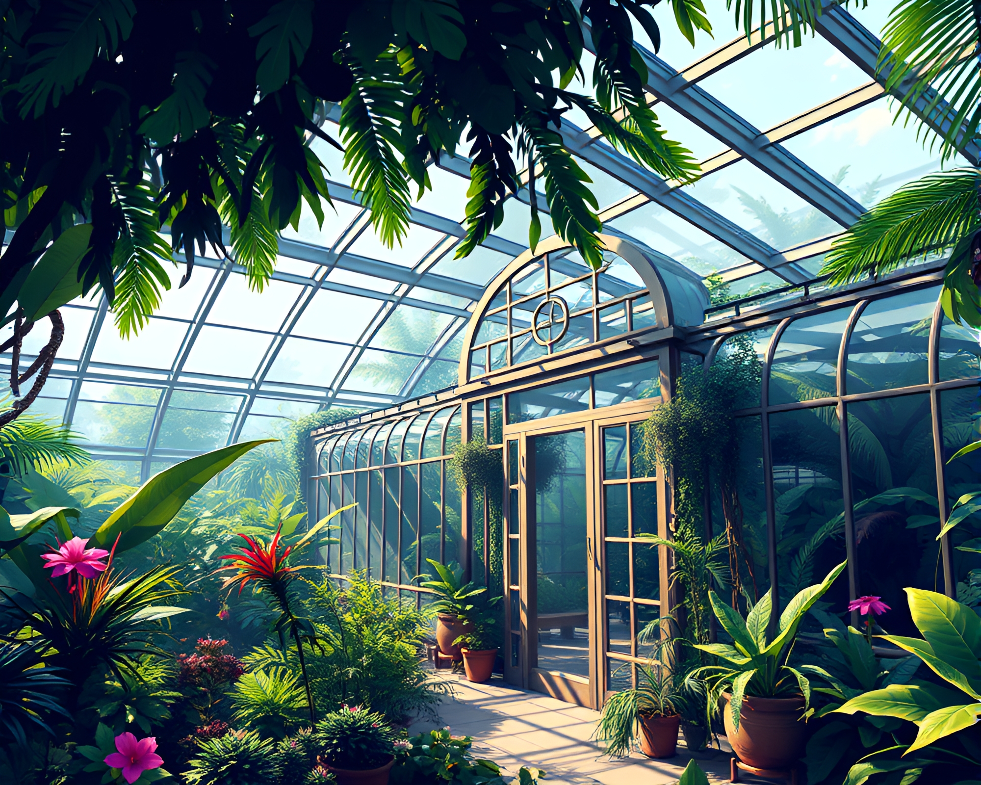 Pixelated Glass Greenhouse in Utopian Jungle Shade – free AI stock image