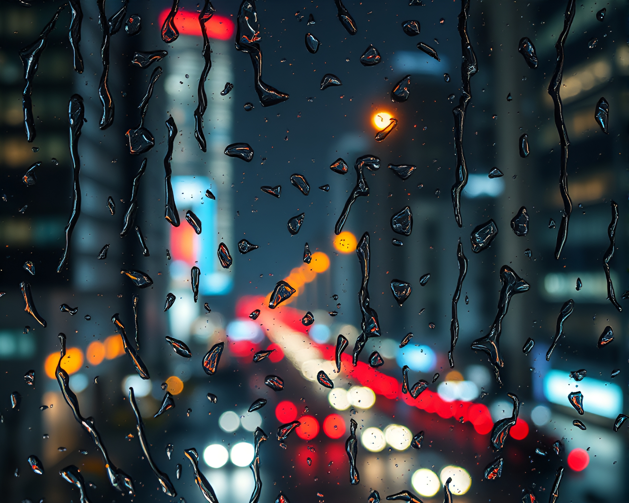Neon Rain Droplets on Cybernetic Stained-Glass Cityscape – free AI stock image