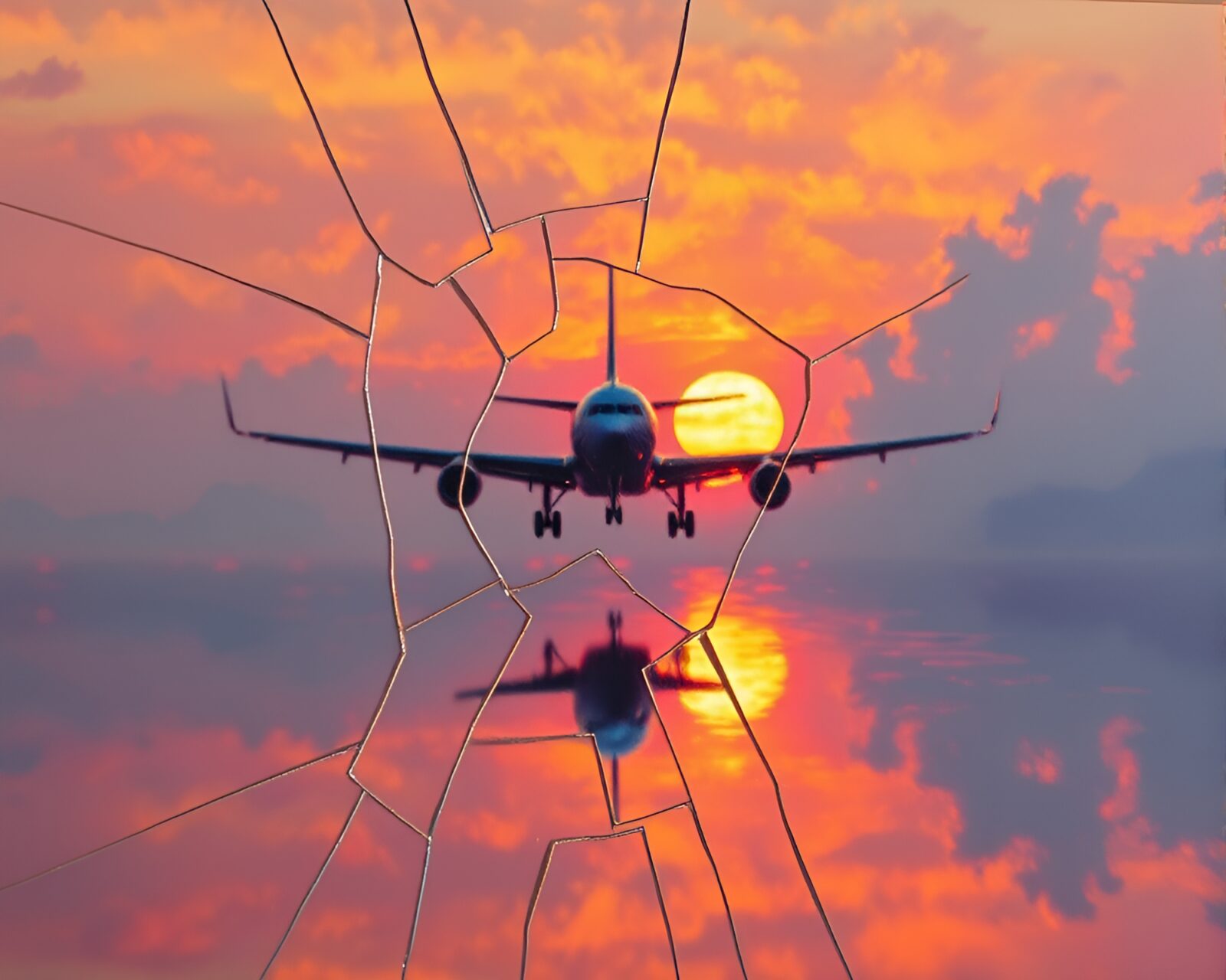 Broken glass reflecting warm sunset hues, airplane in view