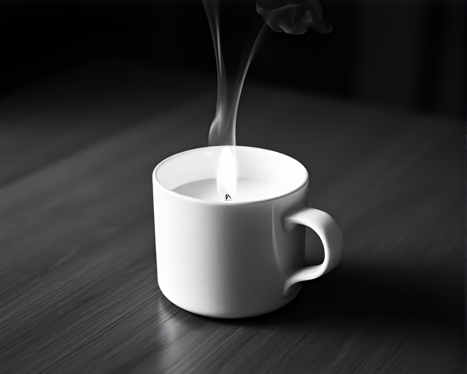 Black and white image of a coffee cup with swirling smoke