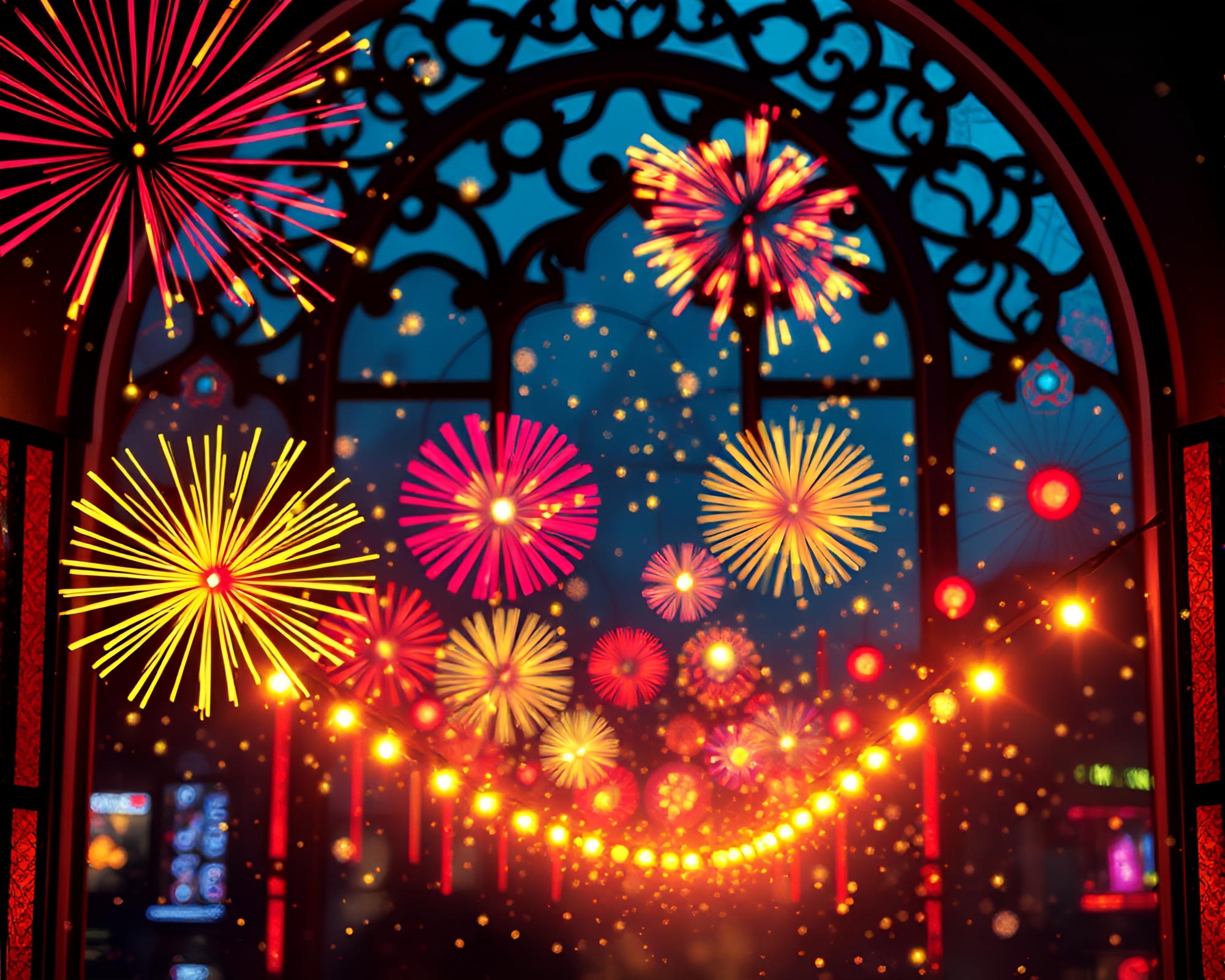 Stained-Glass Fireworks: 16-bit Celebration – free AI stock image